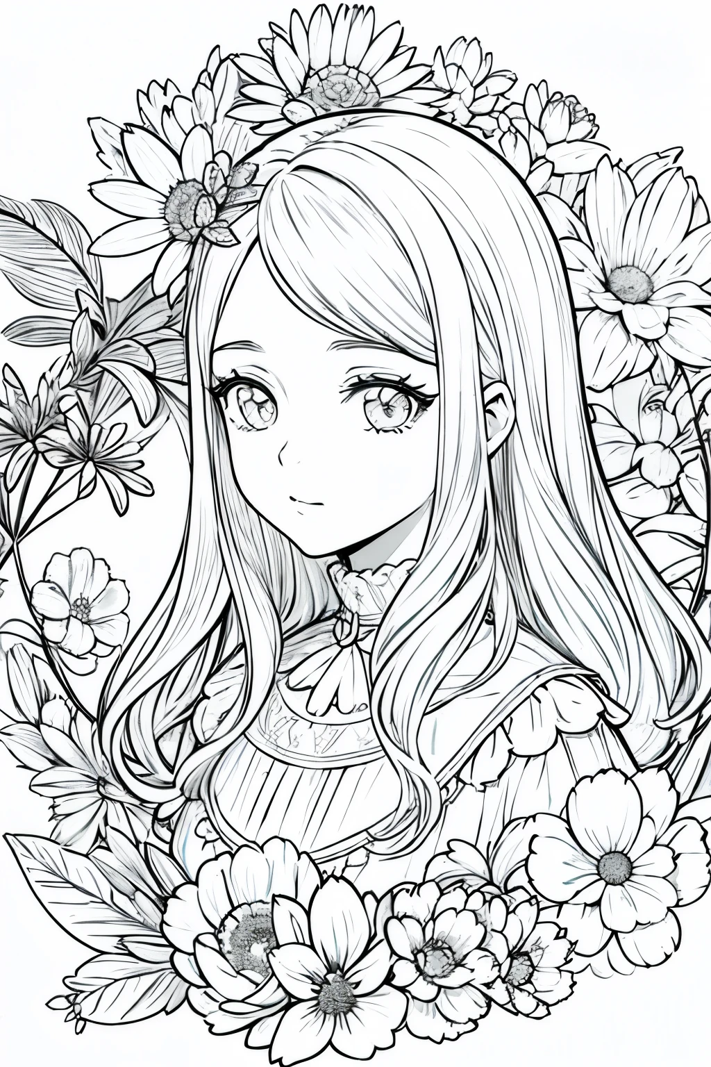 obra prima, superlativo, Bruxa jovem bonita, female , somente, Dia das Bruxas bonito , fundo do desenho da linha da flor, fundo branco, monocromatic, Desenho de linhas, ((esquete)), assustador, Gato branco com olhos brancos, Olhos brancos