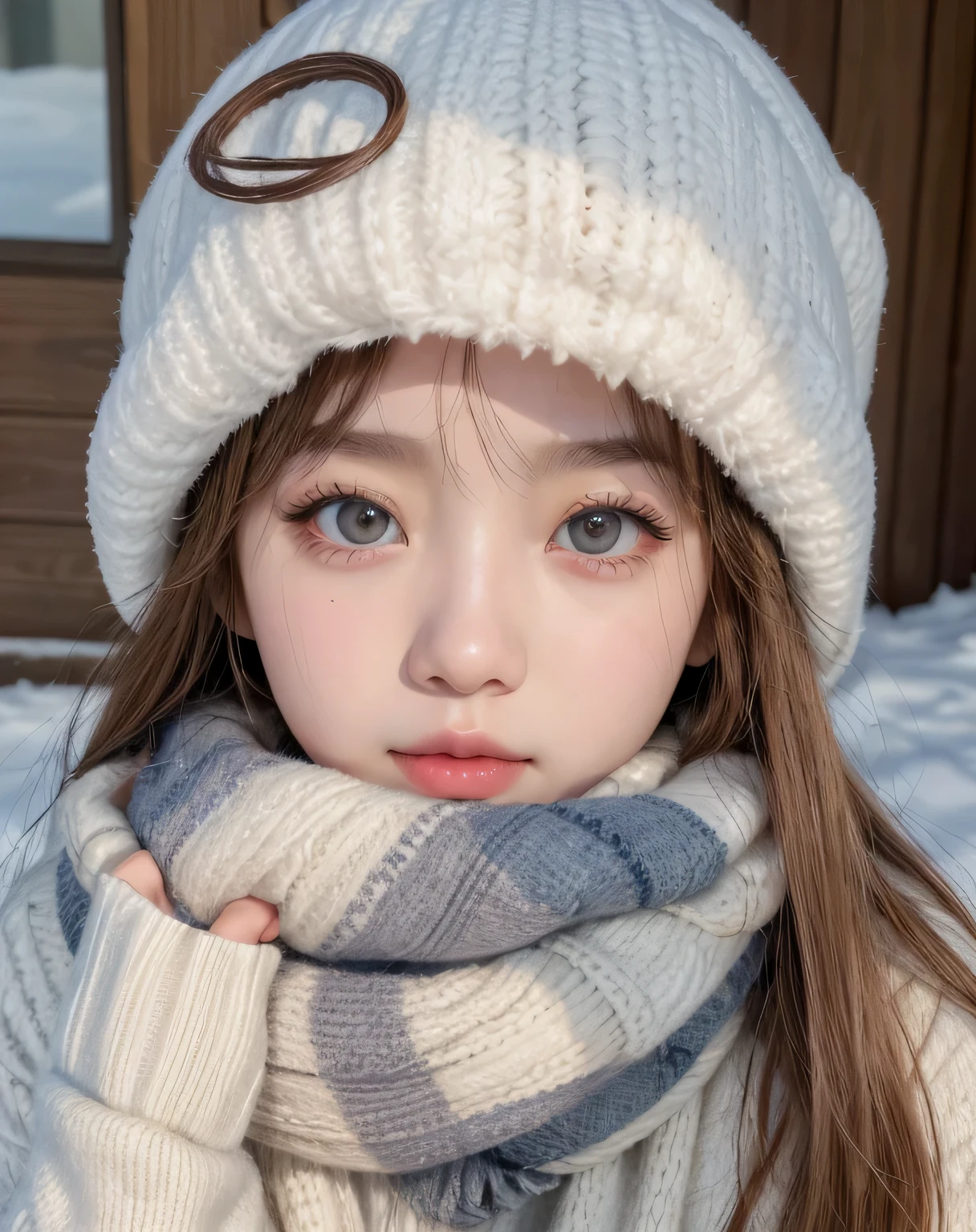 Hay una chica con gorro y bufanda en la nieve.., ulzzang, ojos helados, pale korean adorable face, pale, piel blanca como la nieve, retrato realista kawaii, joven y adorable rostro coreano, sakimichan, linda hermosa, maquillaje popular de corea del sur, ojos grandes y hermosos y realistas, hermoso lindo, muchacha coreana, Lalisa Manobal, maquillaje coreano popular
