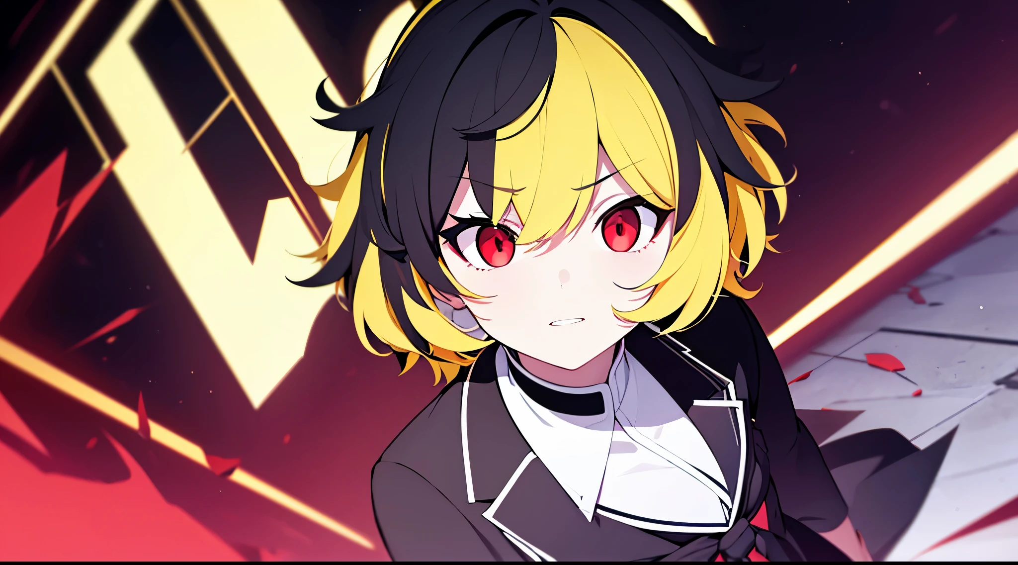 Black outfit,Yellow hair,short hair,Red Eyes,school uniform(black white),