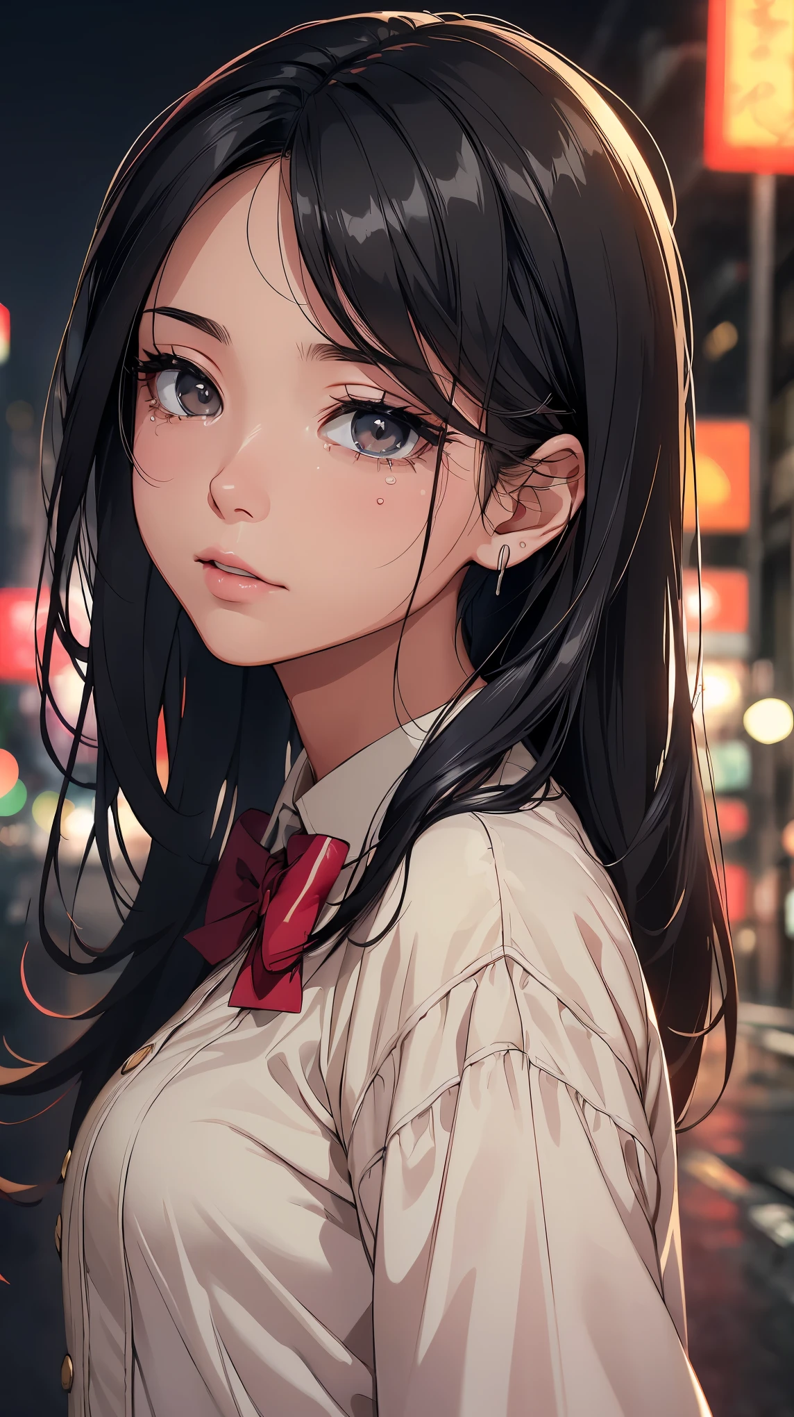 concept:Are crying女性のポートレート, quality:(最高quality, 8k, 4k, High resolution, masterpiece:1.2), Super detailed, (real, photorealistic:1.37), 高qualityのアートワーク, beautiful illustrations, illumination:Bright colors, Lens flare, The overall dramatic atmosphere of the scene, natural light, Subject information:alone, , (round eyes), (small face), (high detail skin:1.2), long eyelashes, glossy lips, (black hair, medium hair, show your forehead, black eye), perfect face, shiny skin, baby face, long eyelashes, (slender body:1.2), beautiful hair, beautiful face, fine and beautiful eyes, beautiful body, beautiful fingers, crying face:1.2, lovelorn,(anatomically correct), (school uniform, white shirt, ribbon, red pleated skirt), profile, flowing tears, Are crying, Other details:bustling street, night, rain, The light of the neon sign casts a beautiful golden glow around it., 細部までこだわったrealな光と影, background bokeh, 135㎜, f/2.8, photo shoot,