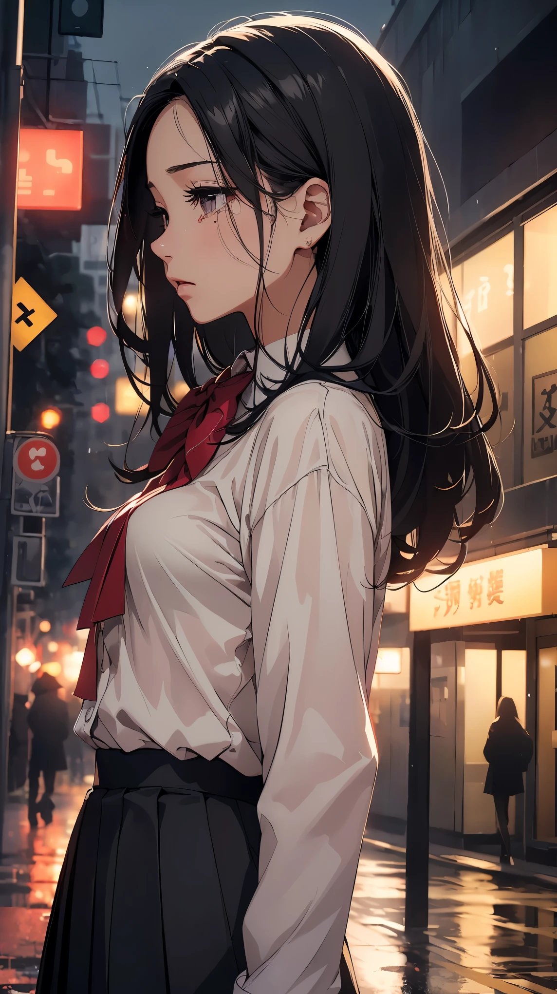 concept:Are crying女性のポートレート, quality:(最高quality, 8k, 4k, High resolution, masterpiece:1.2), Super detailed, (real, photorealistic:1.37), 高qualityのアートワーク, beautiful illustrations, illumination:Bright colors, Lens flare, The overall dramatic atmosphere of the scene, natural light, Subject information:alone, , (round eyes), (small face), (high detail skin:1.2), long eyelashes, glossy lips, (black hair, medium hair, show your forehead, black eye), perfect face, shiny skin, baby face, long eyelashes, (slender body:1.2), beautiful hair, beautiful face, fine and beautiful eyes, beautiful body, beautiful fingers, crying face:1.2, lovelorn,(anatomically correct), (school uniform, white shirt, ribbon, red pleated skirt), profile, flowing tears, Are crying, Other details:bustling street, night, rain, The light of the neon sign casts a beautiful golden glow around it., 細部までこだわったrealな光と影, background bokeh, 135㎜, f/2.8, photo shoot,