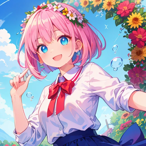 masterpiece,best quality,ultra detailed,4K,super fine illustration,highly detailed beautiful face and eyes,professional lighting,bright atmosphere,1girl,( shirt:1.3),skirt,bob hair,laughing,fearless smile,flying bubble,(clear blue sky:1.2),,outdoors,pink hair,blue eye,flower ring,spring,wreath,white cloth,upper body