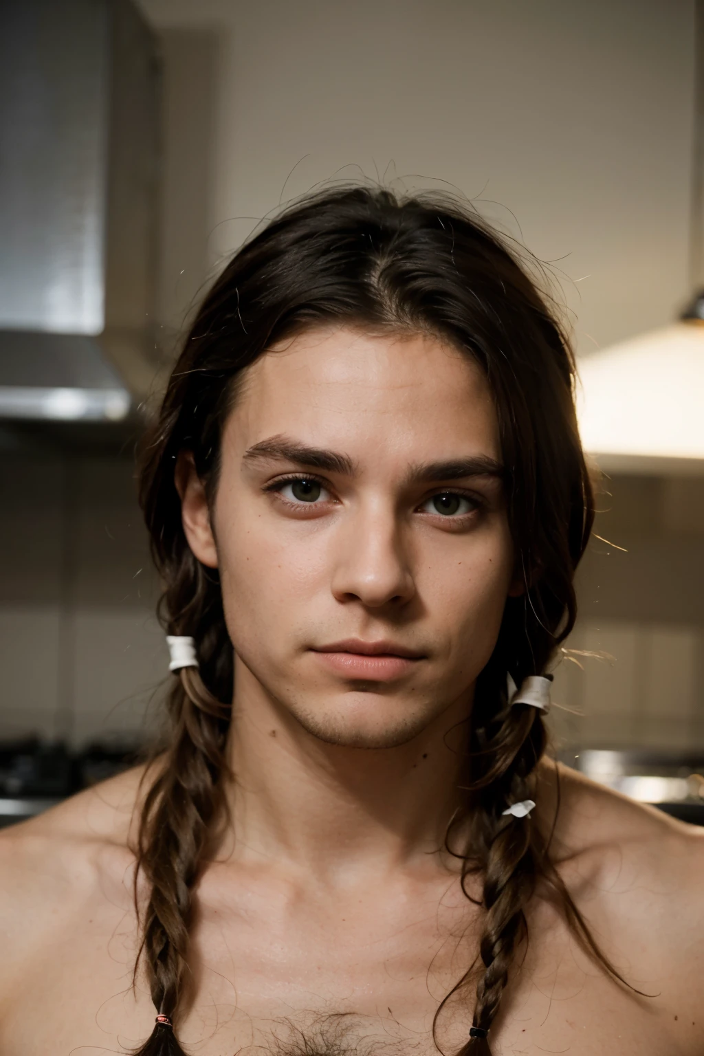 photographie un homme de 30ans, visage parfait, brin, dreadlocks, muscle, yeux verts entrain de cuisiner 