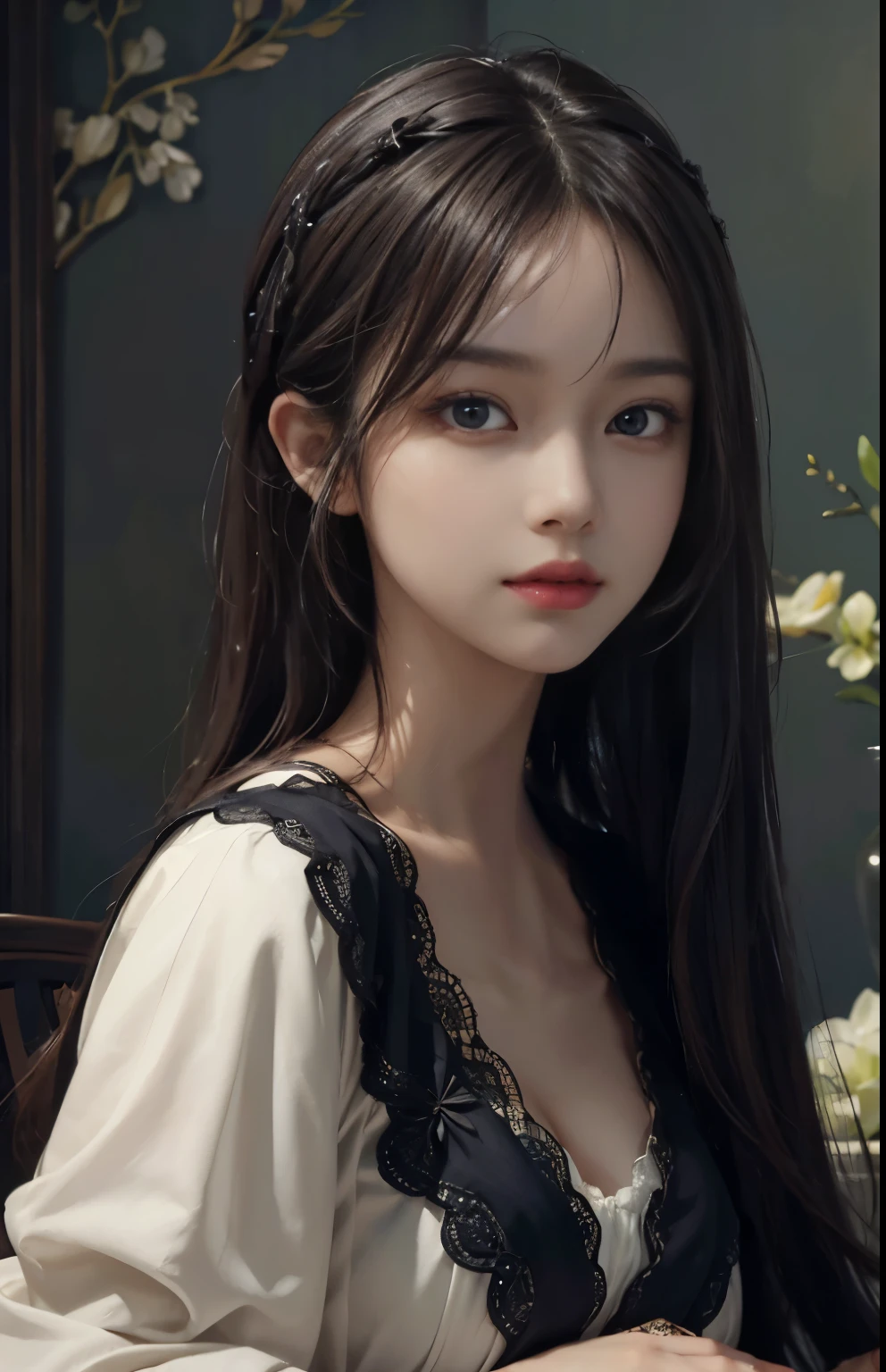 (Hyper-realistic) , (illustratio), (Increase the resolution), (8K), (extremely detaile), (Most Best Illustration), (Beautiful and delicate eyes), (best qualtiy), (ultra - detailed), (masterpiece), ( the wallpaper), (Detailed face), solo, looking at viewert, exquisite detailing, Detailed face, in the darkness nigth, deep shading, low tune,pureerosfaceace_V1, ssmile,long  straight hair，Black shawl, 46 points oblique bangs，plump breasts