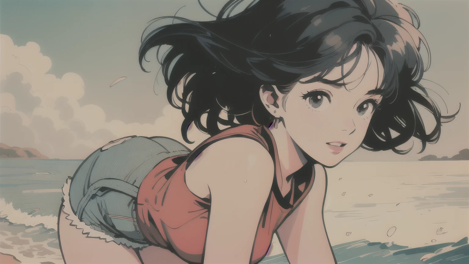Illustrator, vibrant, realistic, woman running on the beach, wearing a sleeveless t-shirt and denim shorts, black hair, short wave hair, flowing hair in the wind, beautiful face, summer breeze, warm sunlight, water sports, refreshing breeze, beach scenery, happiness, high quality, high resolution, delicate, crystal clear, (masterpiece, best quality)