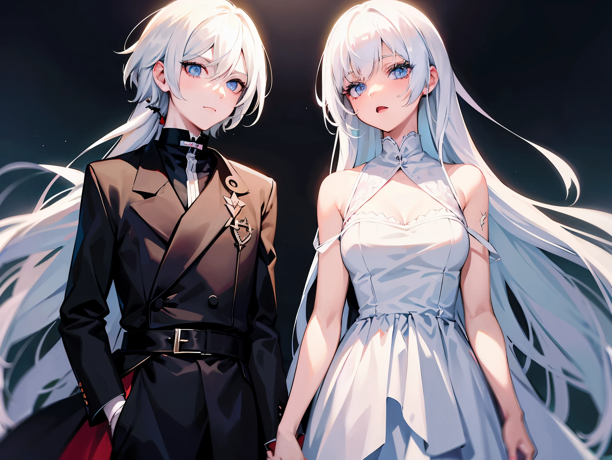 anime style, man, albino, tall, bright blue eyes, long eyelashes, very detailed, best quality, white hair, romantic, sweet, black clothes, two person, girl, light orange brownish short hair, black clothes, skirt, two, aesthetic, anime