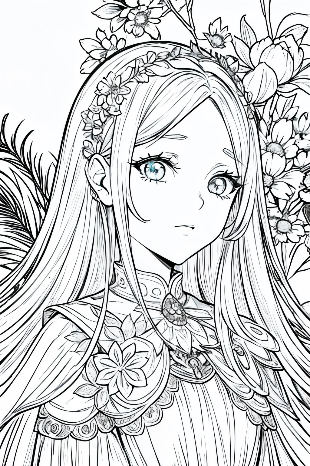 obra prima, superlativo, Bruxa jovem bonita, female , somente, Dia das Bruxas bonito , fundo do desenho da linha da flor, fundo branco, monocromatic, Desenho de linhas, ((esquete)), assustador, Gato branco com olhos brancos, Olhos brancos