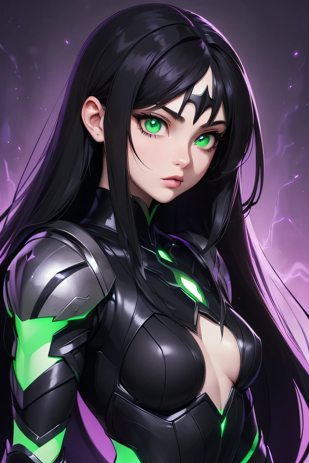 ((Masterpiece)) ((Perfect Face)) ((Beautiful)) ((Small Breasts)) ((portrait)) ((Wide Hips)) ((black and purple Super Hero Armor)) ((Super Powers)) ((Long Hair)) ((black Hair)) ((Pale Skin)) ((Glowing green Eyes)) ((Button Nose)) ((Full Lips))
