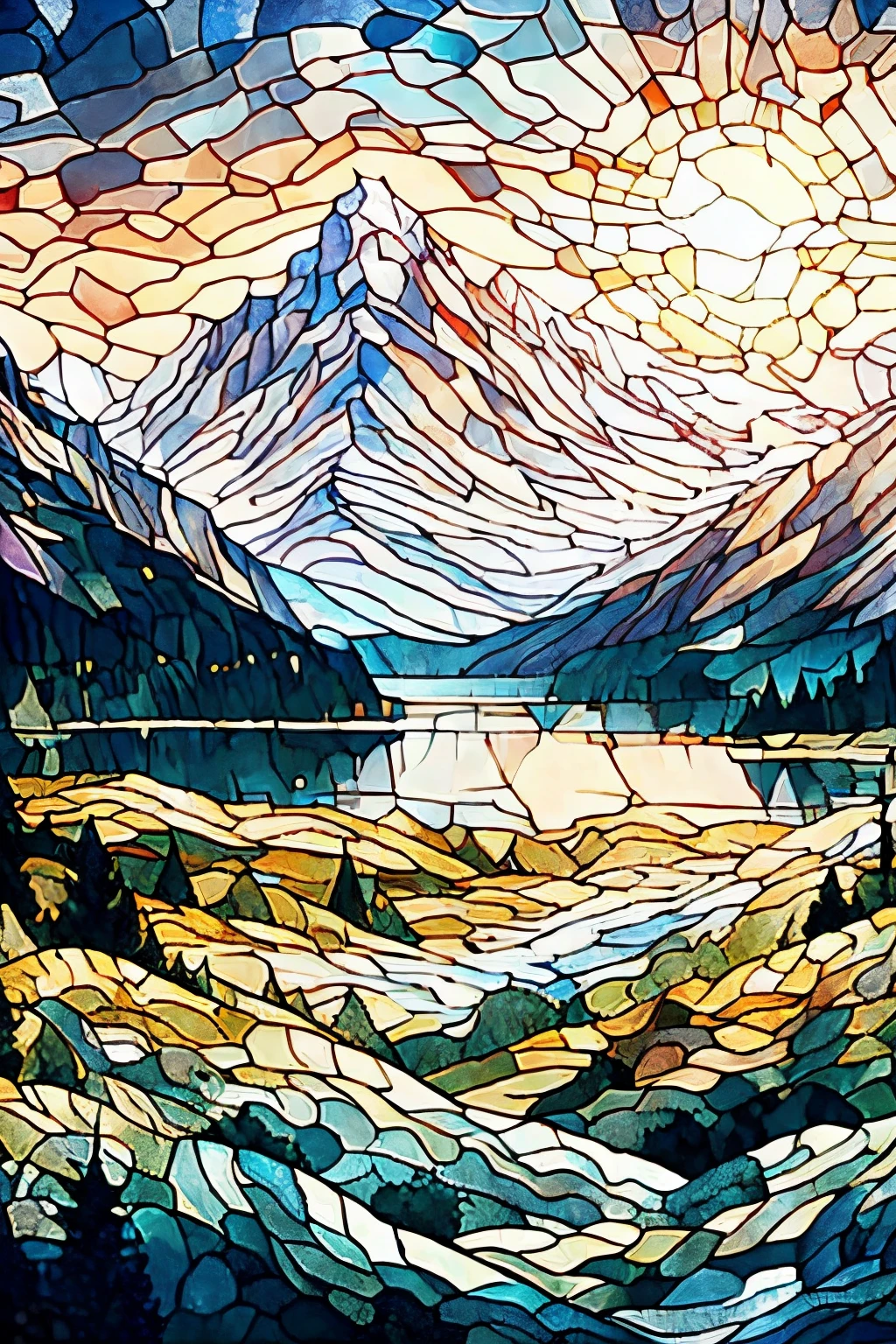 (a stained glass window,dawn,landscape,mountains,light tones,cold tones),(best quality,4k,8k,highres,masterpiece:1.2),ultra-detailed,(realistic,photorealistic,photo-realistic:1.37),HDR,UHD,studio lighting,extreme detail description,vivid colors,portraits