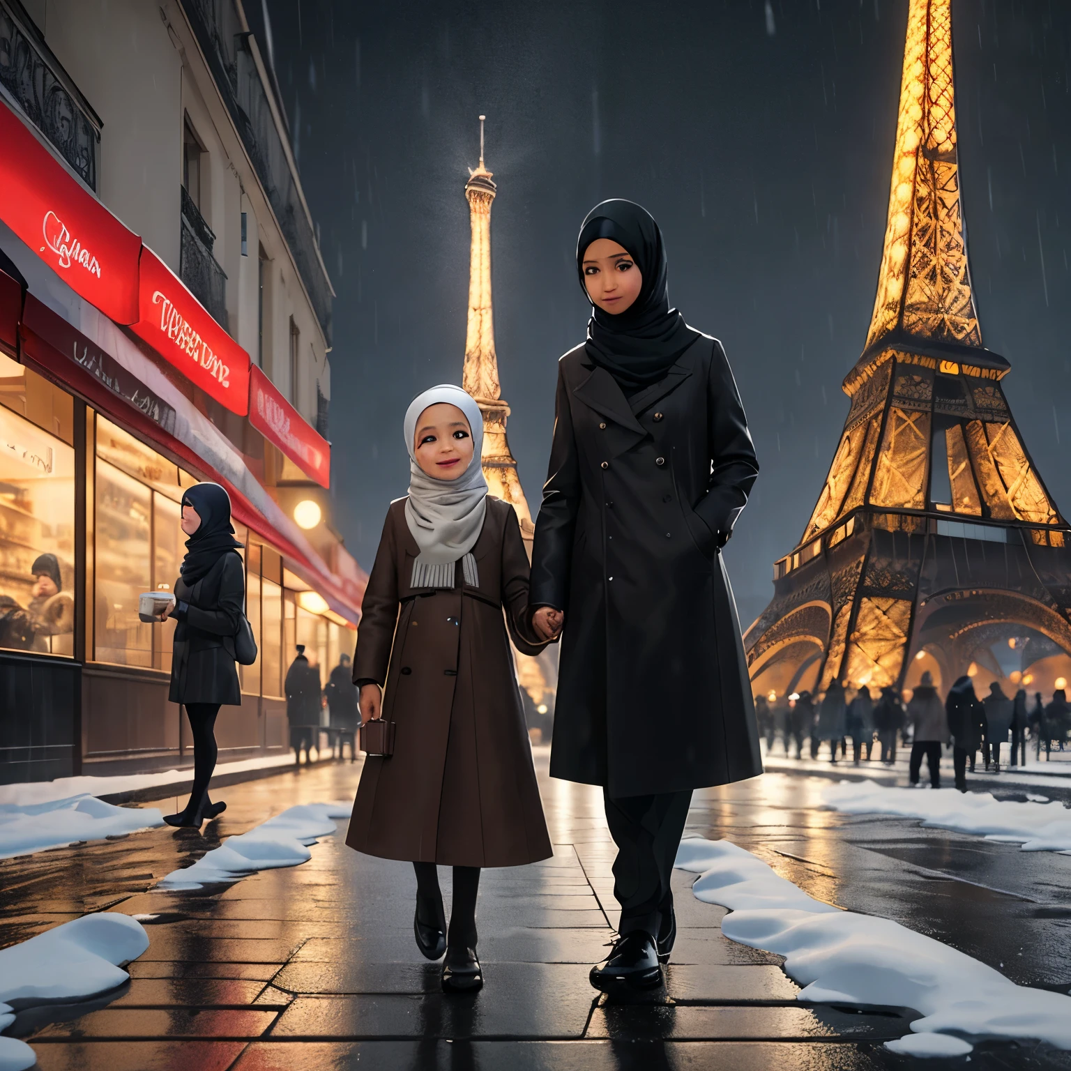 One indonesian family, clean face, father and mother wearing black and brown leather coats, wearing hijab, one girl , one girl aged 1 year, wearingab, snow rain, each other holding a paper cup glass coffee, celebrate new year, walking in paris street road during winter, eiffel tower background, midnight feel, photo realistic, dep of field, very detailed.