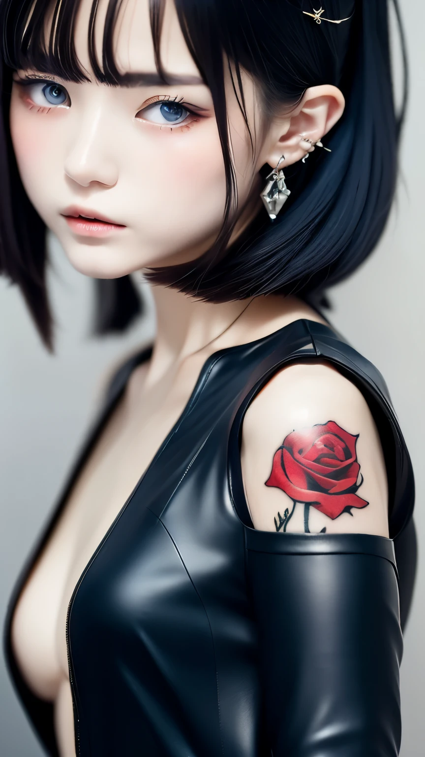 hair ornaments、earrings、(red rose tattoo:1.2)、(Gothic punk sexy and tight leather fashion), ((1 Japanese girl, 13 years old:1.0)), alone,、highest quality, realistic, Super delicate illustration, Beautiful and charming girl,( slender body), wolf cut hair, one girl, girl pictures, full body shot,Large symmetrical eyes、 beautiful blue eyes, looked back,ear nipple rings、(薔薇と宝石のhair ornaments:1.0)、jewels scattered on clothes、(innocent face:1.0)、(very small breasts:1.2)、beautiful five fingered hand、center the face、