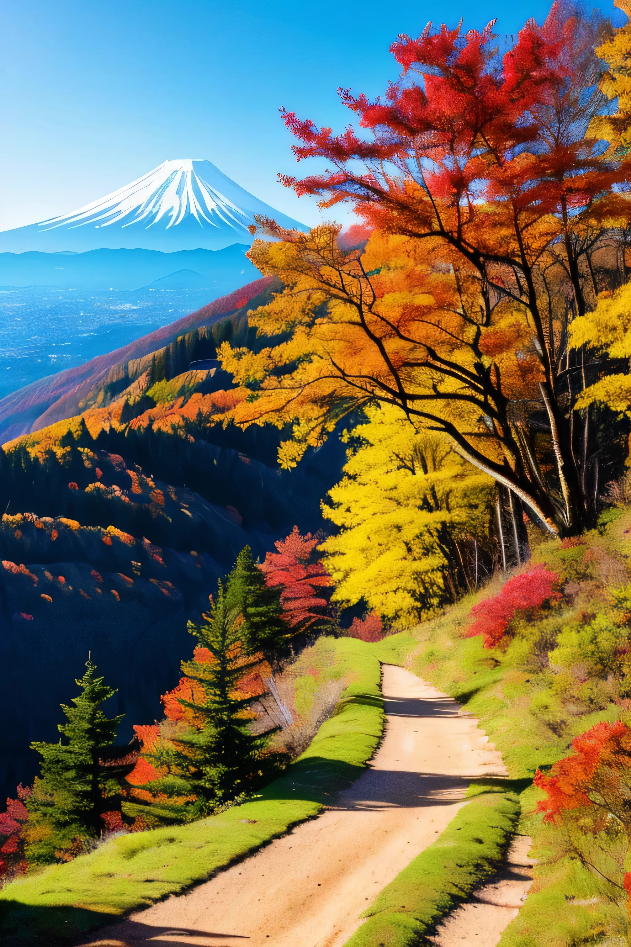 Real-life beautiful hiking trails with background by Greg Rutkowski, truck grizzly style, Studio Ghibli, Akira Toriyama, james gilliard, genshin impact, Trending PIXIV fan box, acrylic palette knife, 4k, (bright colors), (saturated), Become, art station trends, Fuji Mountain