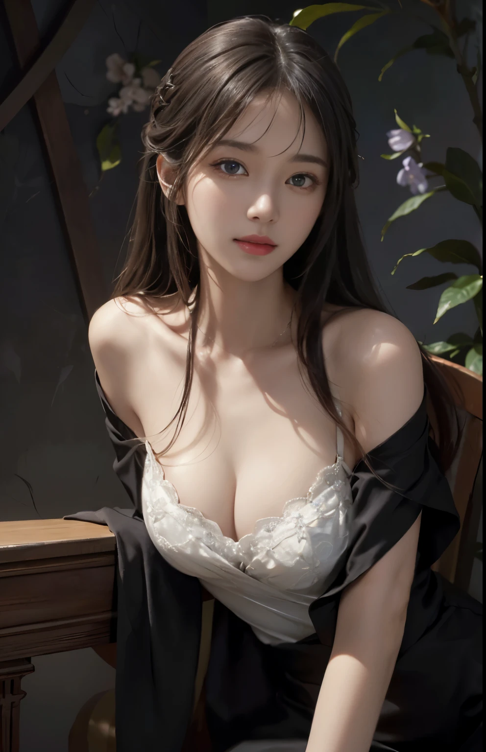 (Hyper-realistic) , (illustratio), (Increase the resolution), (8K), (extremely detaile), (Most Best Illustration), (Beautiful and delicate eyes), (best qualtiy), (ultra - detailed), (masterpiece), ( the wallpaper), (Detailed face), solo, looking at viewert, exquisite detailing, Detailed face, in the darkness nigth, deep shading, low tune,pureerosfaceace_V1, ssmile,long  straight hair，Black shawl, 46 points oblique bangs，plump breasts