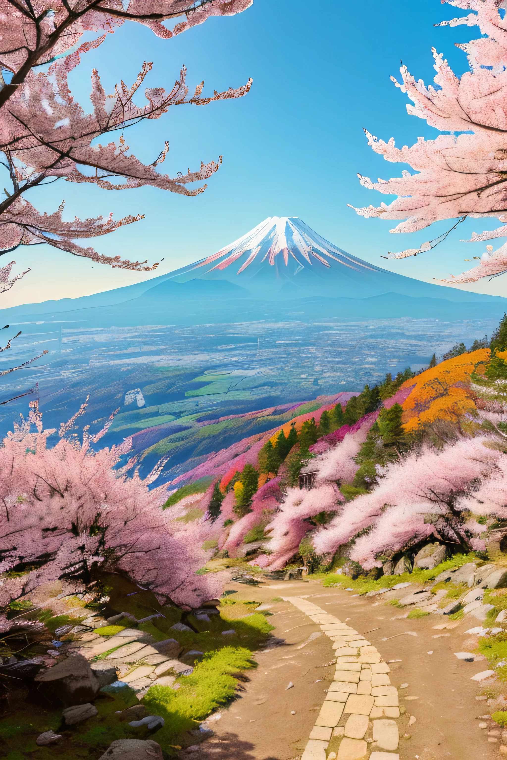 Real-life beautiful hiking trails with background by Greg Rutkowski, truck grizzly style, Studio Ghibli, Akira Toriyama, james gilliard, genshin impact, Trending PIXIV fan box, acrylic palette knife, 4k, (bright colors), (saturated), Become, art station trends, Fuji Mountain、cherry blossoms、