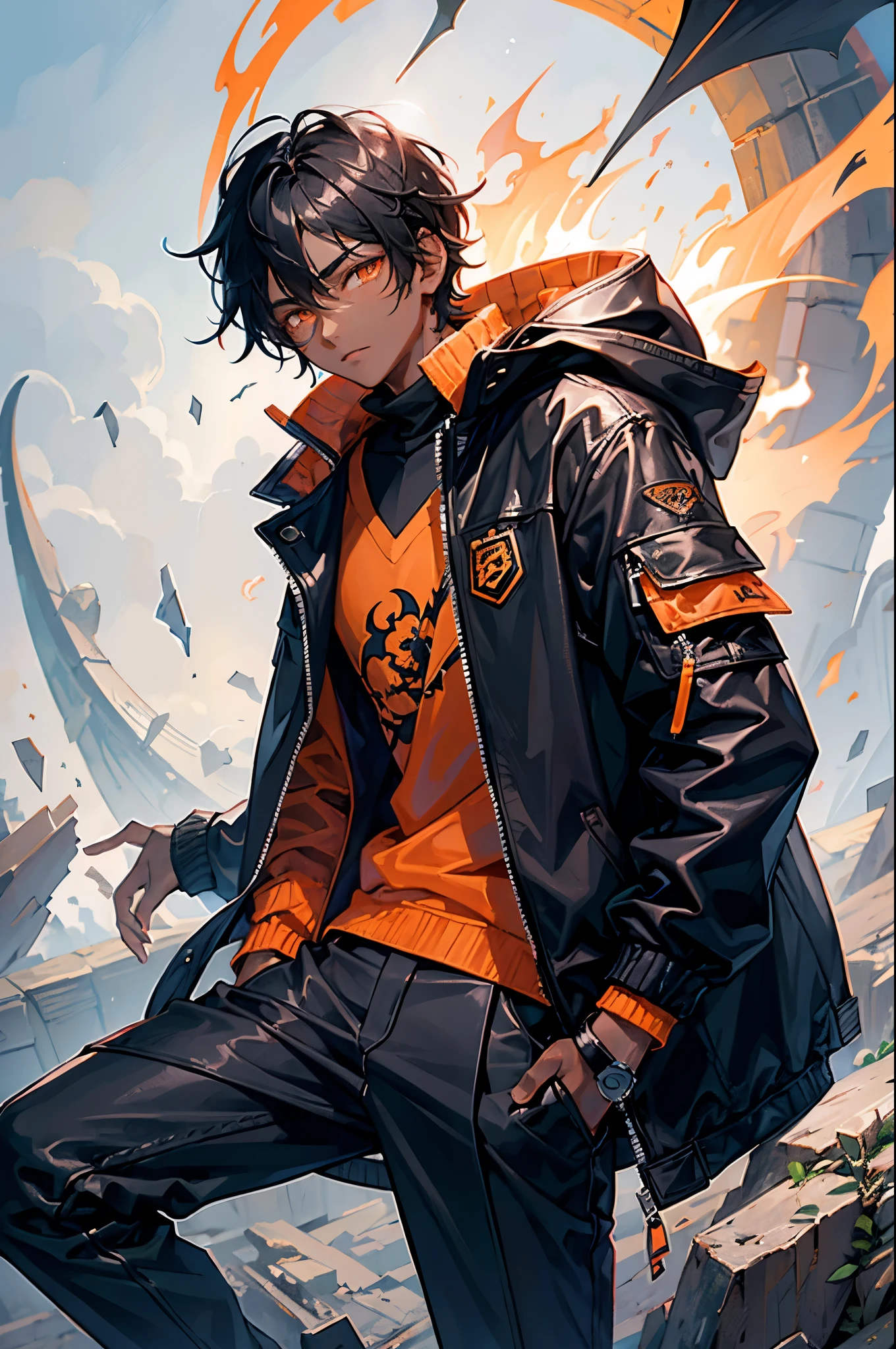 1boy, male, black hair, dark skin, orange eyes, black hair, jacket with a dragon on it