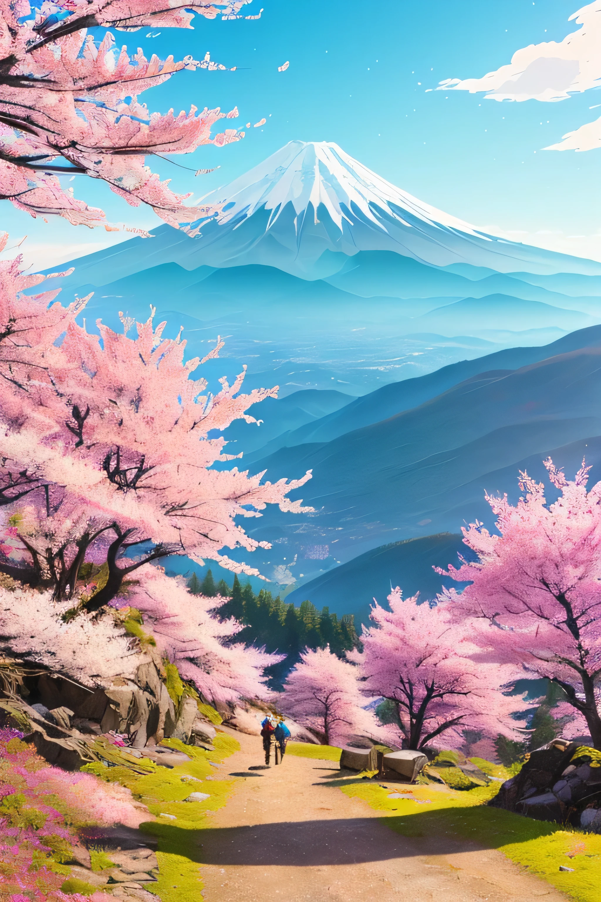 Real-life beautiful hiking trails with background by Greg Rutkowski, truck grizzly style, Studio Ghibli, Akira Toriyama, james gilliard, genshin impact, Trending PIXIV fan box, acrylic palette knife, 4k, (bright colors), (saturated), Become, art station trends, Fuji Mountain、cherry blossoms、