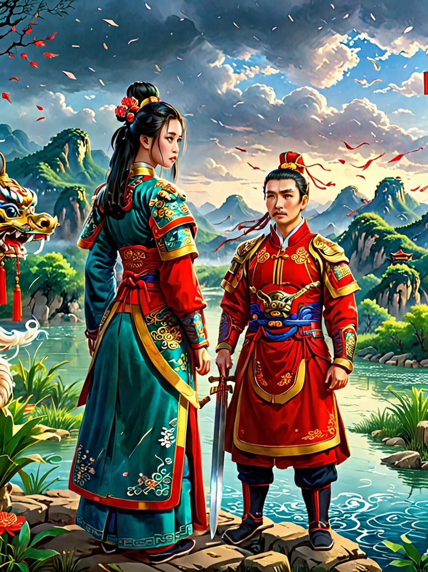 Depicts a scene of an ancient Chinese general and his beautiful concubine standing by a river，((Both of them had tears on their faces))，reflect a deep sadness。((The general put his sword on his neck))，Symbolizes moments of despair，The princess was crying beside him。这一令人心酸的场景以倾盆大雨为background，Emphasizing the extent of their tragedy and the emotional depth of their farewells。background、Both traditional Chinese costumes and emotional expressions should help vividly depict their tears streaming down their faces、heartbreaking moment。
