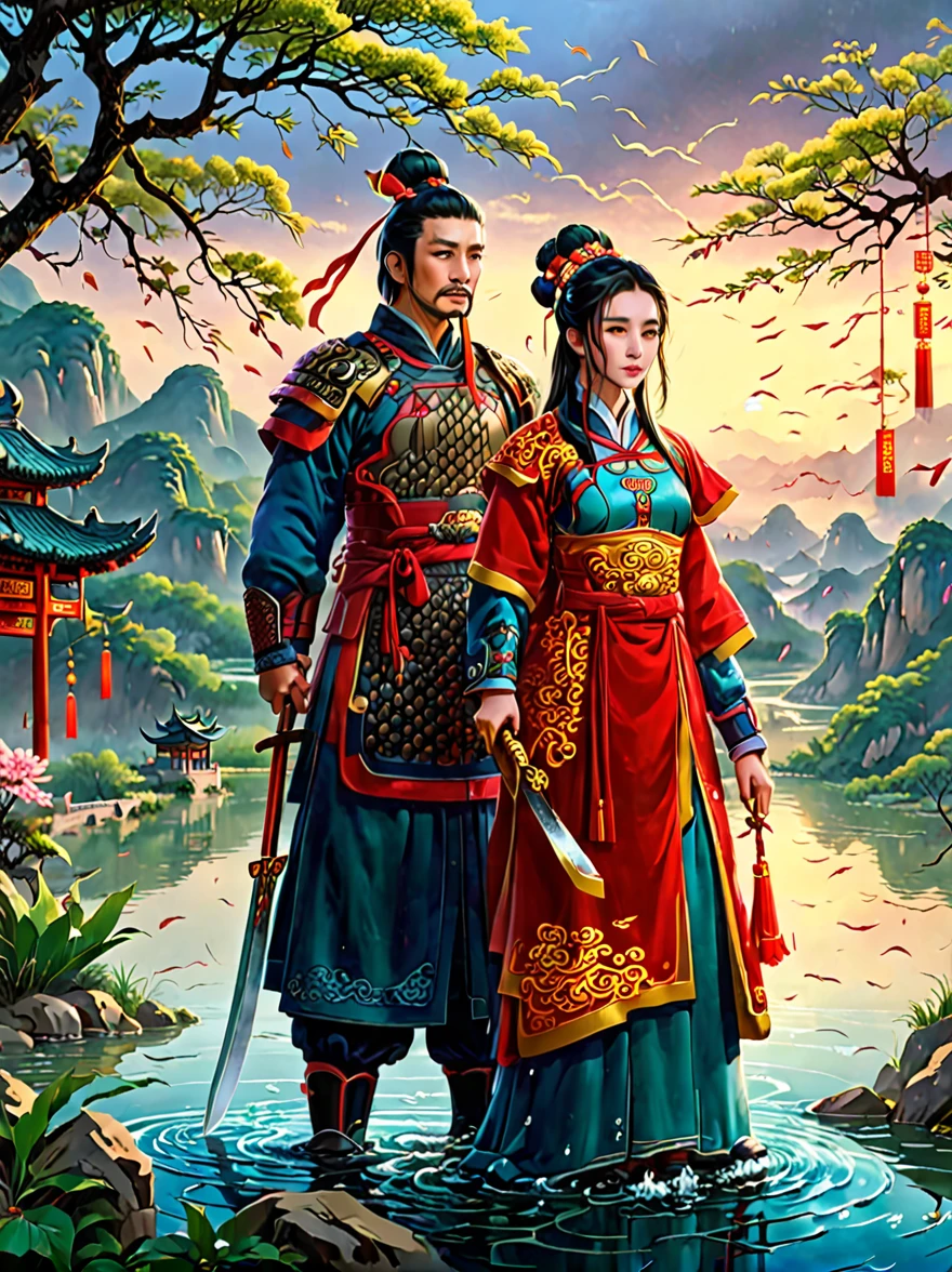 Depicts a scene of an ancient Chinese general and his beautiful concubine standing by a river，((Both of them had tears on their faces))，reflect a deep sadness。((The general put his sword on his neck))，Symbolizes moments of despair，The princess was crying beside him。这一令人心酸的场景以倾盆大雨为background，Emphasizing the extent of their tragedy and the emotional depth of their farewells。background、Both traditional Chinese costumes and emotional expressions should help vividly depict their tears streaming down their faces、heartbreaking moment。