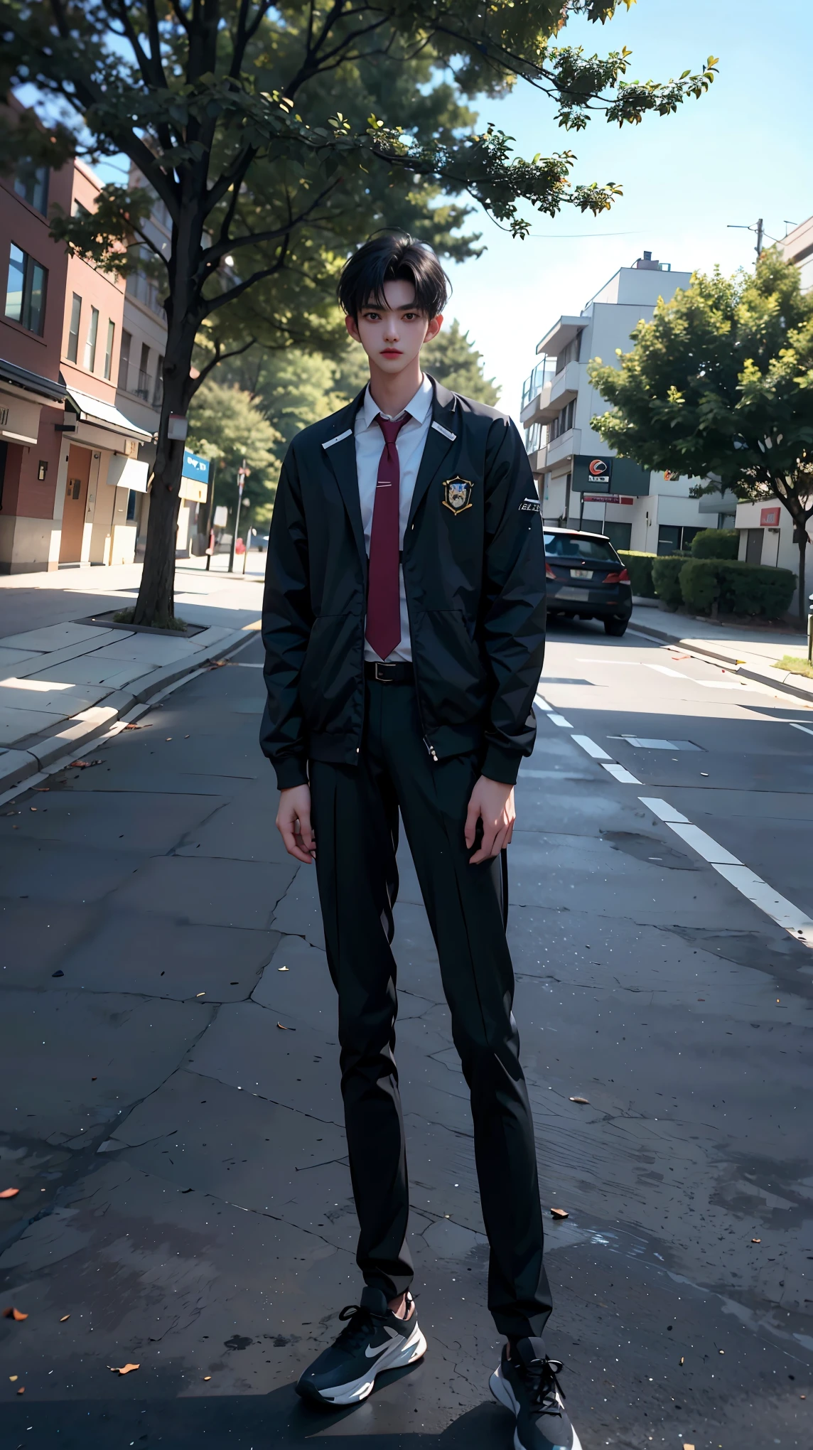 on university campus,18 year old boy,front shot,tall,super tall guy,broad shoulders,(muscular),bodybuilding,sports student,long legs,Slender limbs,2m height,boys school uniform,Casual shoes,gradient color,black hair,The face is delicate and delicate,Perfect facial features blush,happy,8k realistic style,A person stands under the tree,There is a light next to it,at midnight,on the street,masterpiece,best quality,Ray tracing