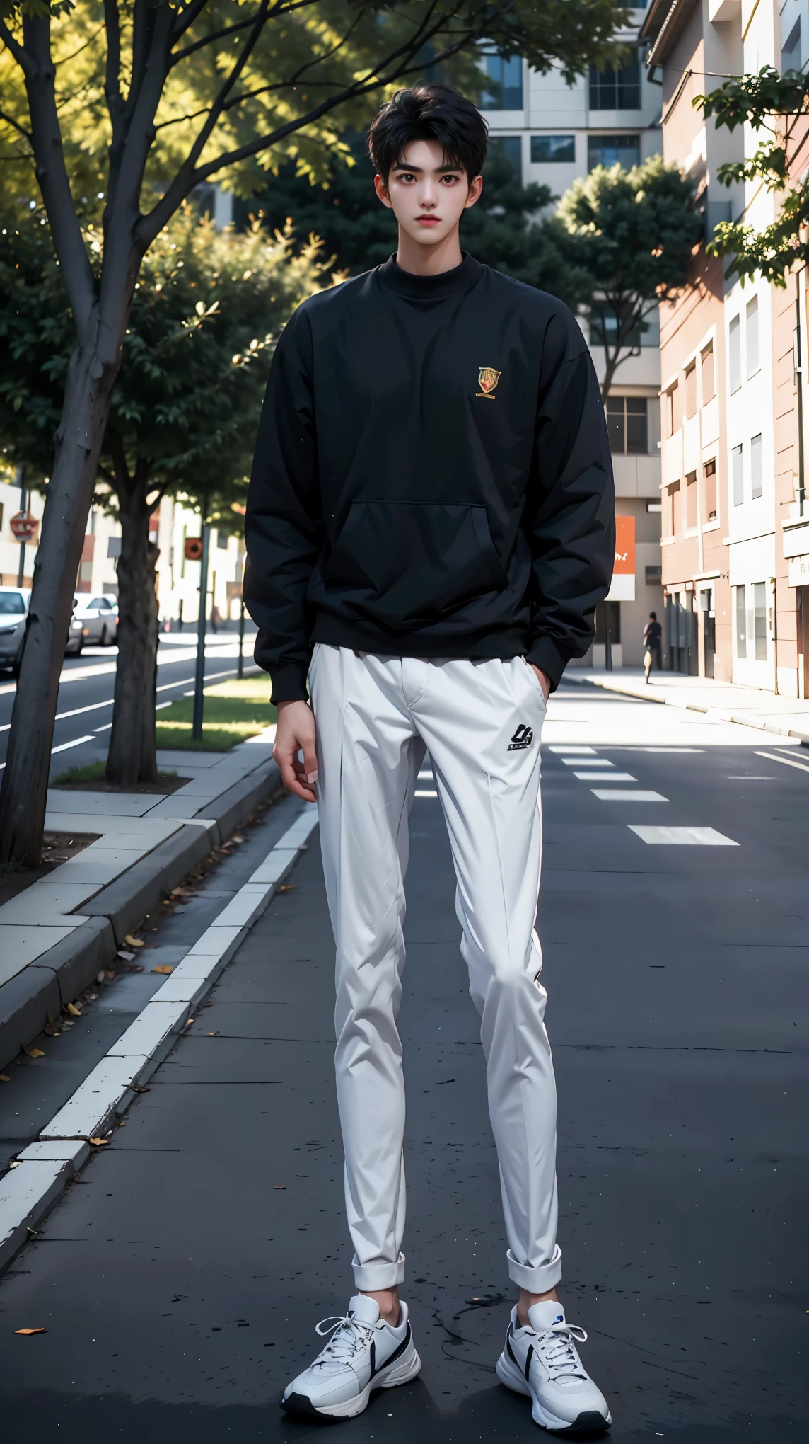 on university campus,18 year old boy,front shot,tall,super tall guy,broad shoulders,(muscular),bodybuilding,sports student,long legs,Slender limbs,2m height,boys school uniform,Casual shoes,gradient color,black hair,The face is delicate and delicate,Perfect facial features blush,happy,8k realistic style,A person stands under the tree,There is a light next to it,at midnight,on the street,masterpiece,best quality,Ray tracing
