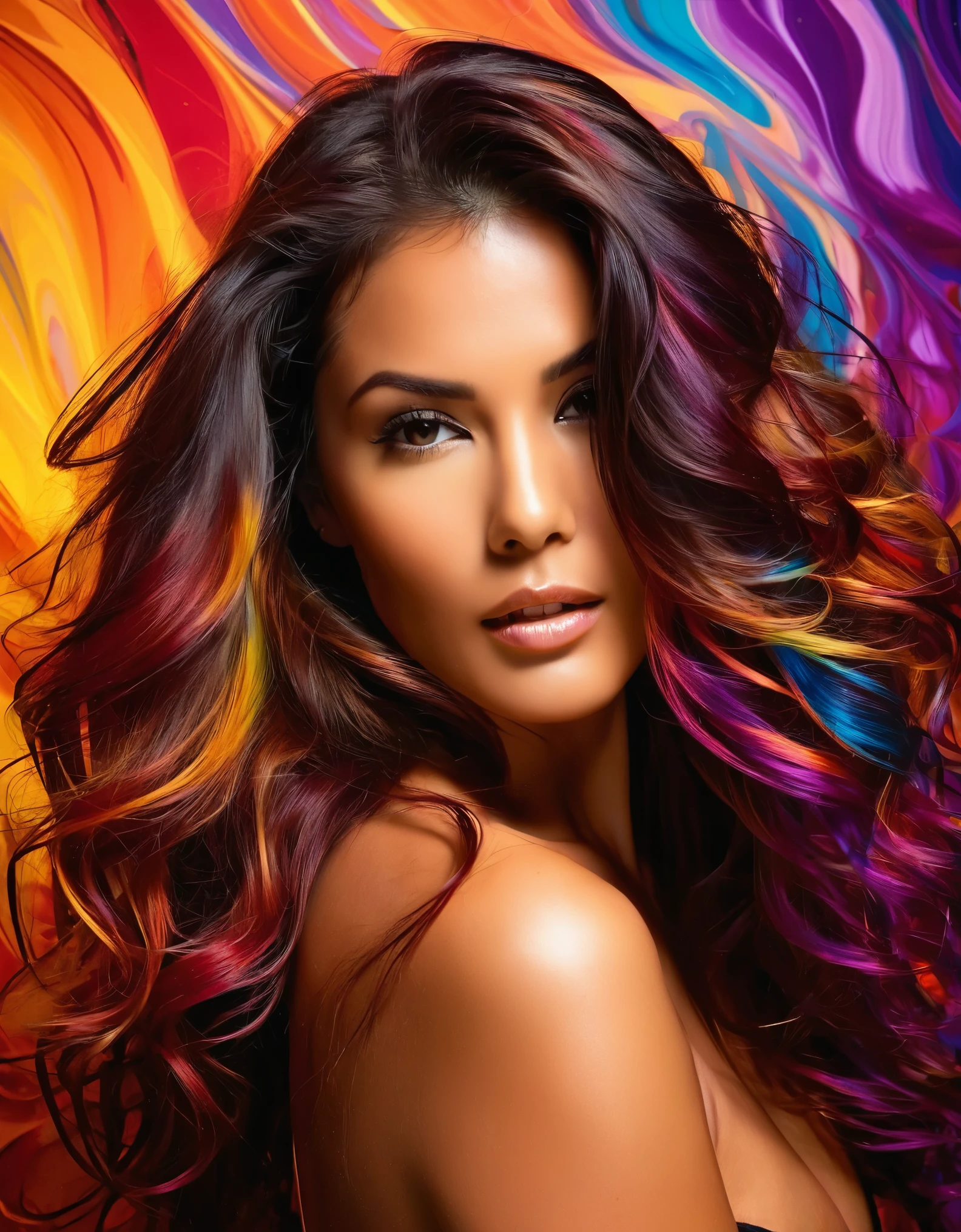 A sultry woman with flowing hair and a seductive gaze, set against an abstract background of swirling colors and shadows.