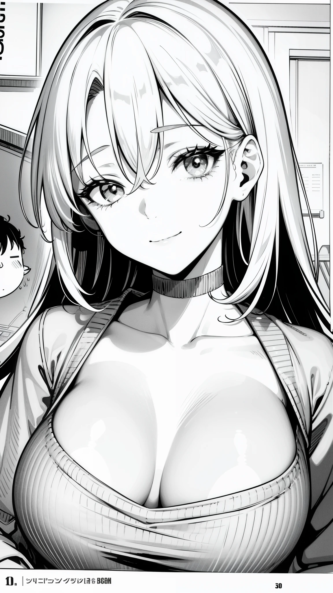 {8k image}, 1beautiful mature woman, 30 years old, big black hair, small breasts, looking at the viewer smiling, wearing a knitted jacket, {close up just on face and breasts}, {no hands in image}, monochorme, manga lineart, manga Splash page, lineart with grooves