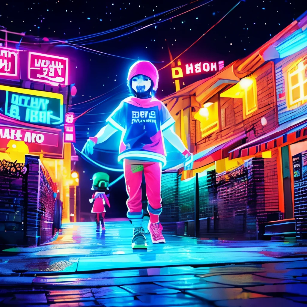 ((immediate photo quality)), ((apresurada)), (ruidoso), casual face photograph in downward shot of robtop (un hombre rubio programador) vestido con una camisa roja y una sudadera azul, en una rave de música de Geometry Dash a las 6:00 pm, has just started and is adapting to the environment