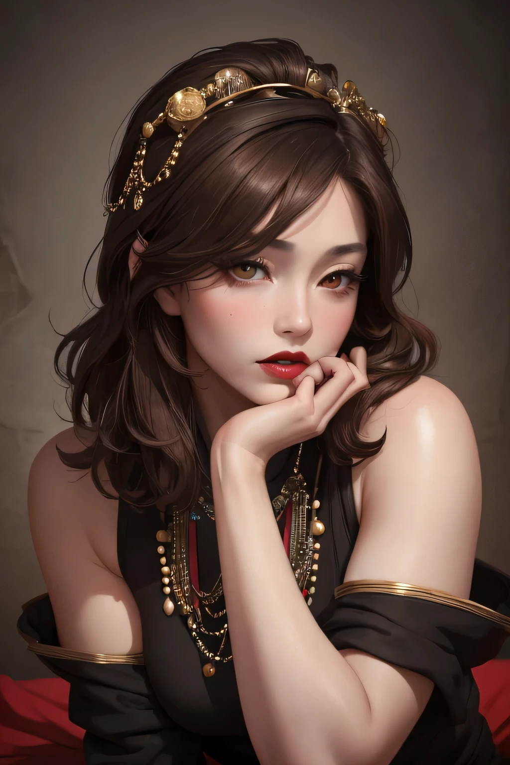 (masterpiece, highest quality:1.2),  alone,  looking at the viewer, fortune teller, bust photo,light, 40 years old, 兎lips, red_lips, shiny skin, skin dents, highest quality, ultra high resolution, (realistic:1.4 ),Japanese,woman,brown hair,black clothes,diagonal