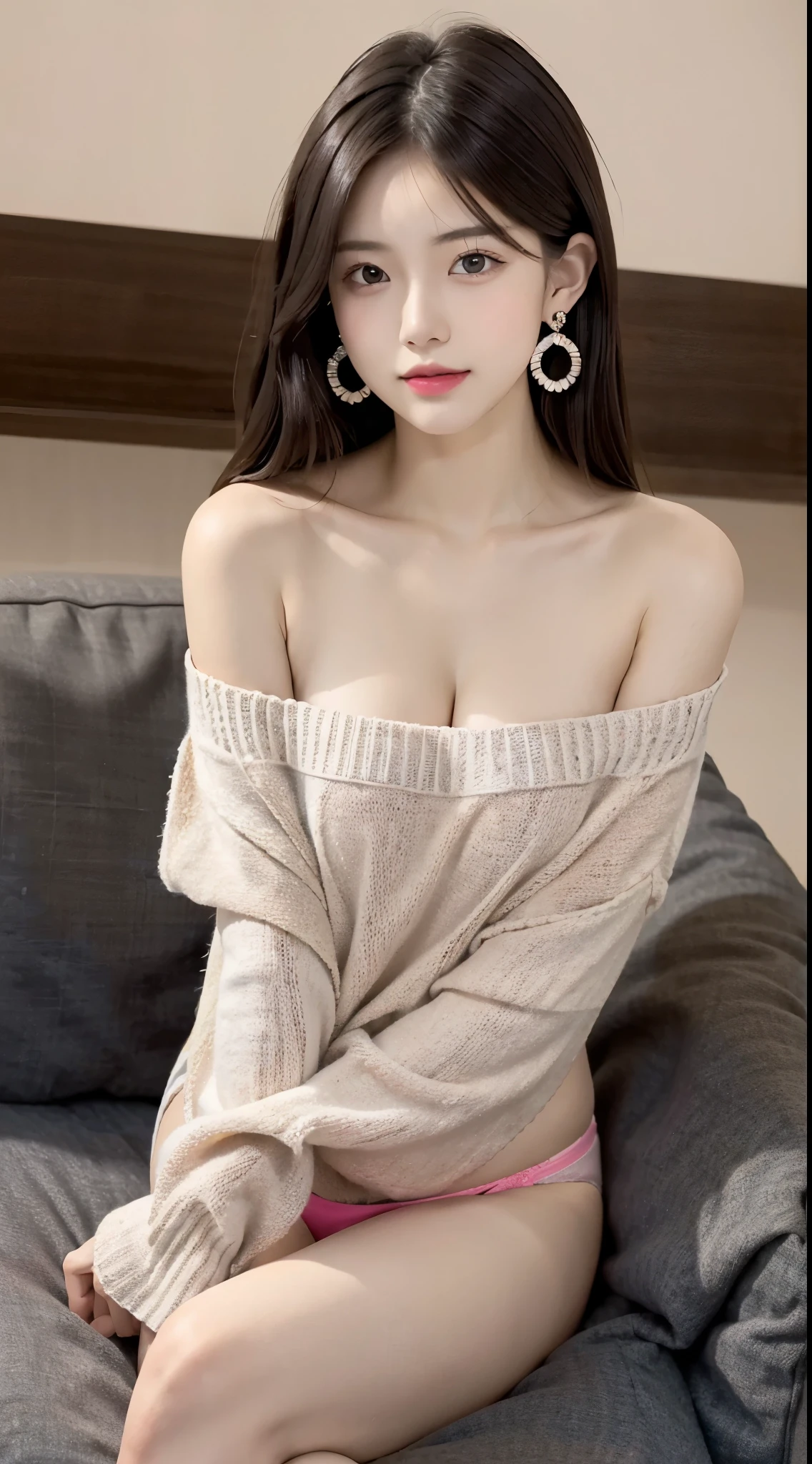 1 girl、-yeld fee、Beautie、A dark-haired、garments(Black strapless-shoulder sweater、Casual enough to see underwear) and very slender figure,,,,,、very slender leganicure、earrings、Pink lip、a picture、lifelike、sexuell、top-quality、adopt、A detailed face、Detailed background、depth of fields、Full-body angle of view、Sitting on the couch with your knees、sexuell、solo、natta