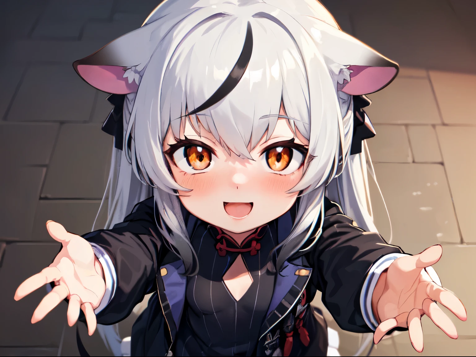 masutepiece, top-quality, ultra-details, Solo Focus,
(1KOKONA, open arms for viewer),
pigeon toed,
, White hair, Orange Eye, Smile:0.8, blush:1.3,
Black clothes, Black jacket, White skirt,
(From-front-above, Close-up Face:1.4),