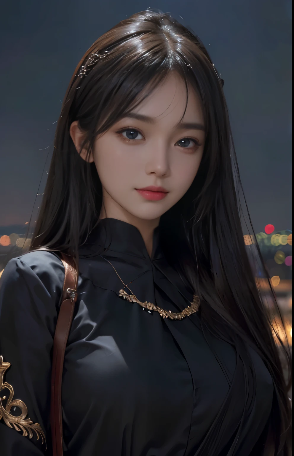 (Hyper-realistic) , (illustratio), (Increase the resolution), (8K), (extremely detaile), (Most Best Illustration), (Beautiful and delicate eyes), (best qualtiy), (ultra - detailed), (masterpiece), ( the wallpaper), (Detailed face), solo, looking at viewert, exquisite detailing, Detailed face, in the darkness nigth, deep shading, low tune,pureerosfaceace_V1, ssmile,long straight hair,Black shawl, 46 points oblique bangs,plump breasts