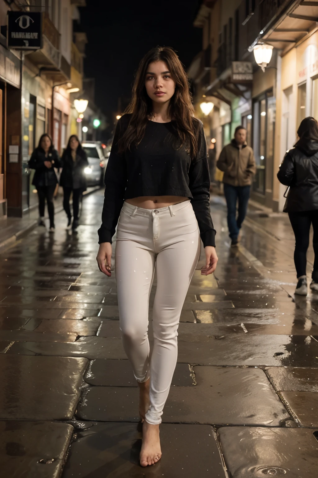 ((Mejor calidad)), ((obra maestra)), (detallado), cara perfecta, natural face expresion, Joven flaca, piernas delgadas, muslos delgados), ((cabello rojo)),ojos verdes, pelo largo ondulado, pecas, (usar leggins y blusa con capucha), Night, raining, city lights, woman on the street of Cusco, wet floor, night, background lights people walking