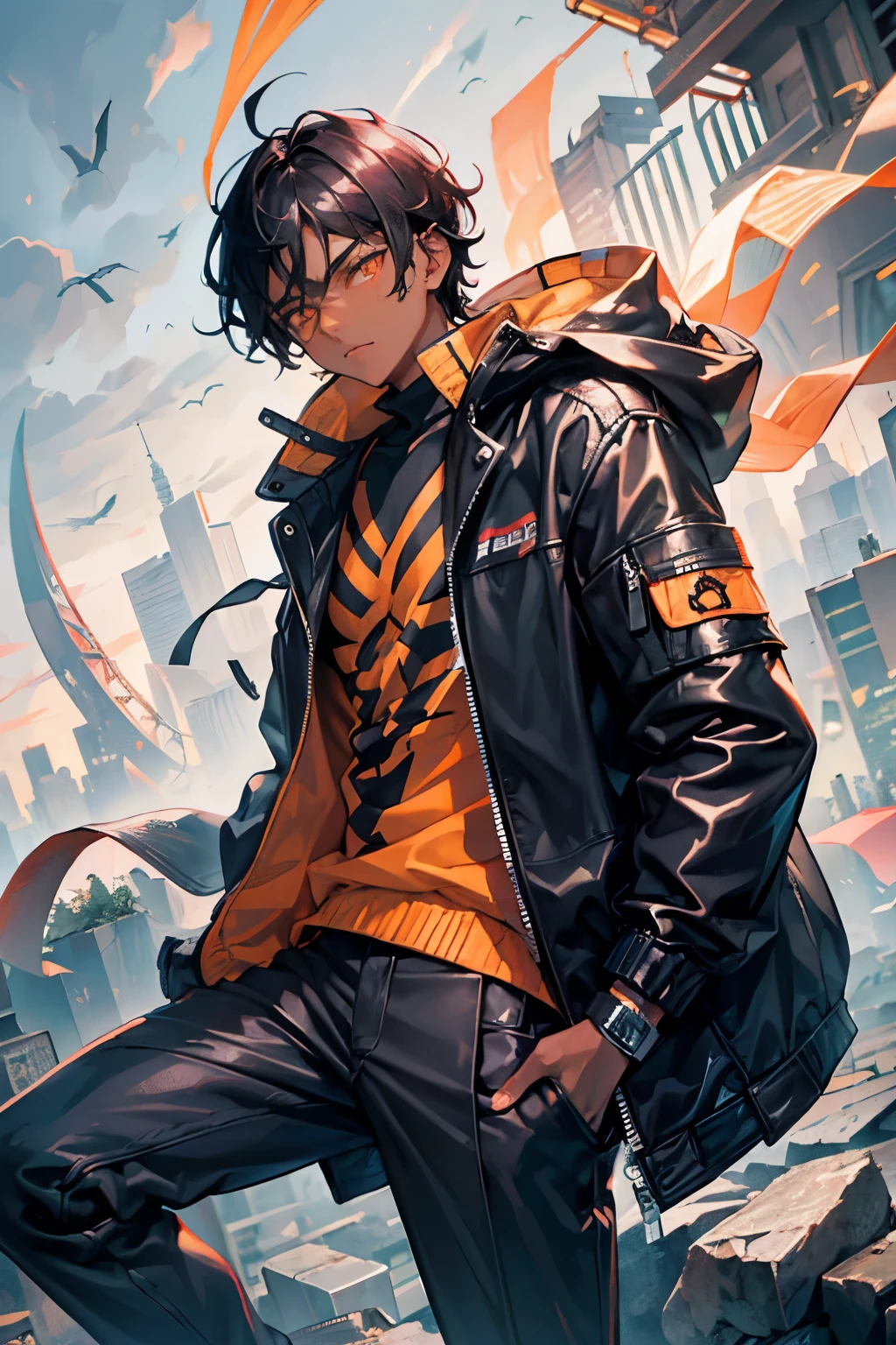 1boy, male, black hair, dark skin, orange eyes, black hair, jacket, skinny, city background, glowing eyes