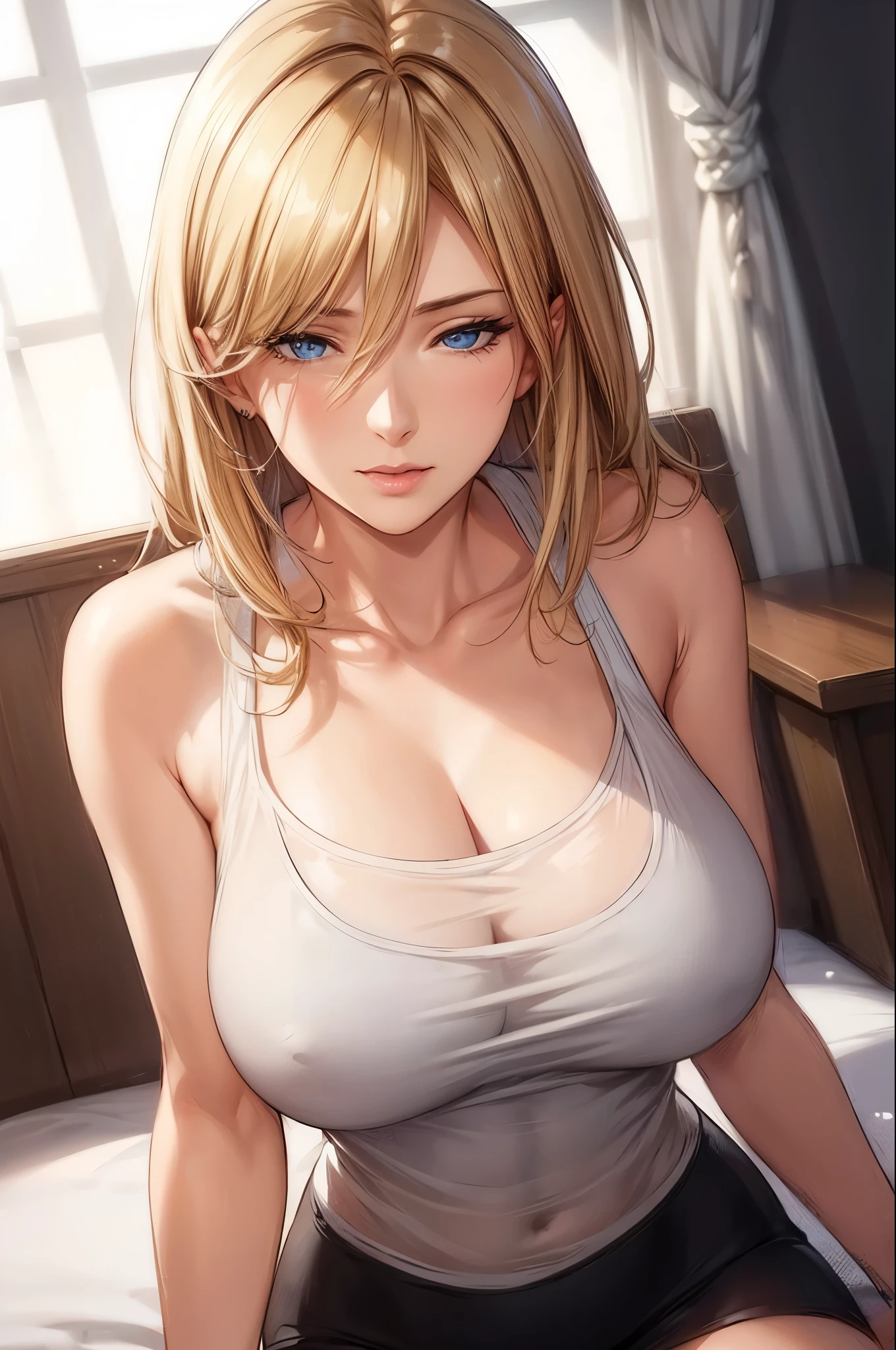 (best quality, highres, photorealistic), portrait, elegant woman, blue eyes, long hair, swept-side bang, blonde hair, see through tank top, big breasta detailed cg 8k, beautiful cg, soft light