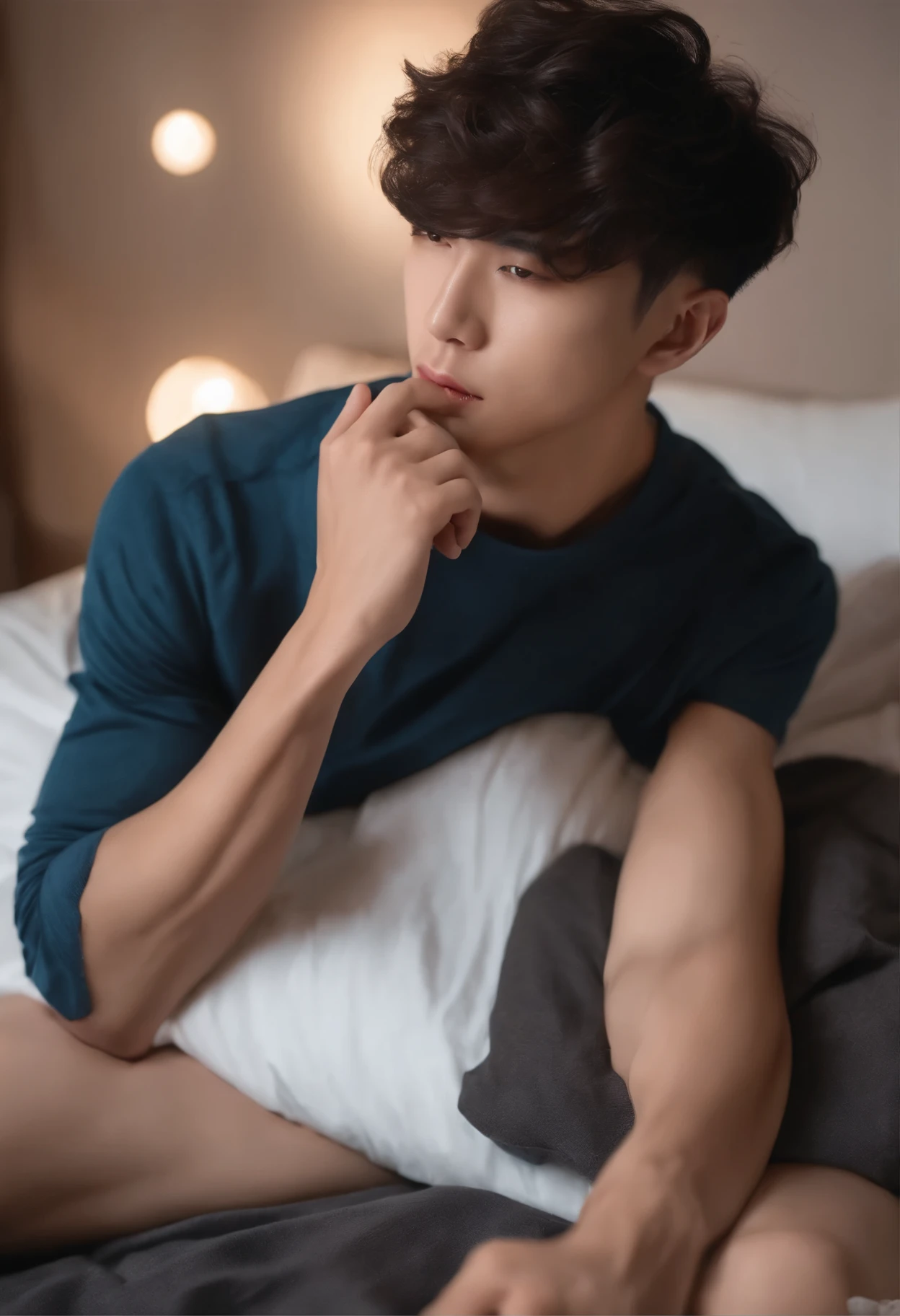Ultra photorealistic, 20 year old, full body handsome model, Korean man, nude, on top of the bed, penis, Top view, expression of ecstasy/orgasmic, cumshot, cum on chest and face