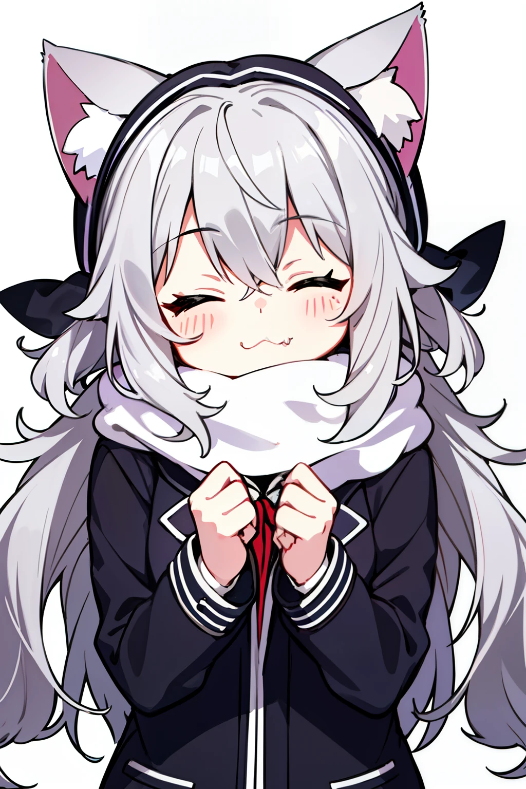 Masterpiece, Excellent, 1girl, gray hair, medium long hair, cat ears, closed eyes, looking at the audience, :3, cute, scarf, jacket, white background, fang, high quality, UHD