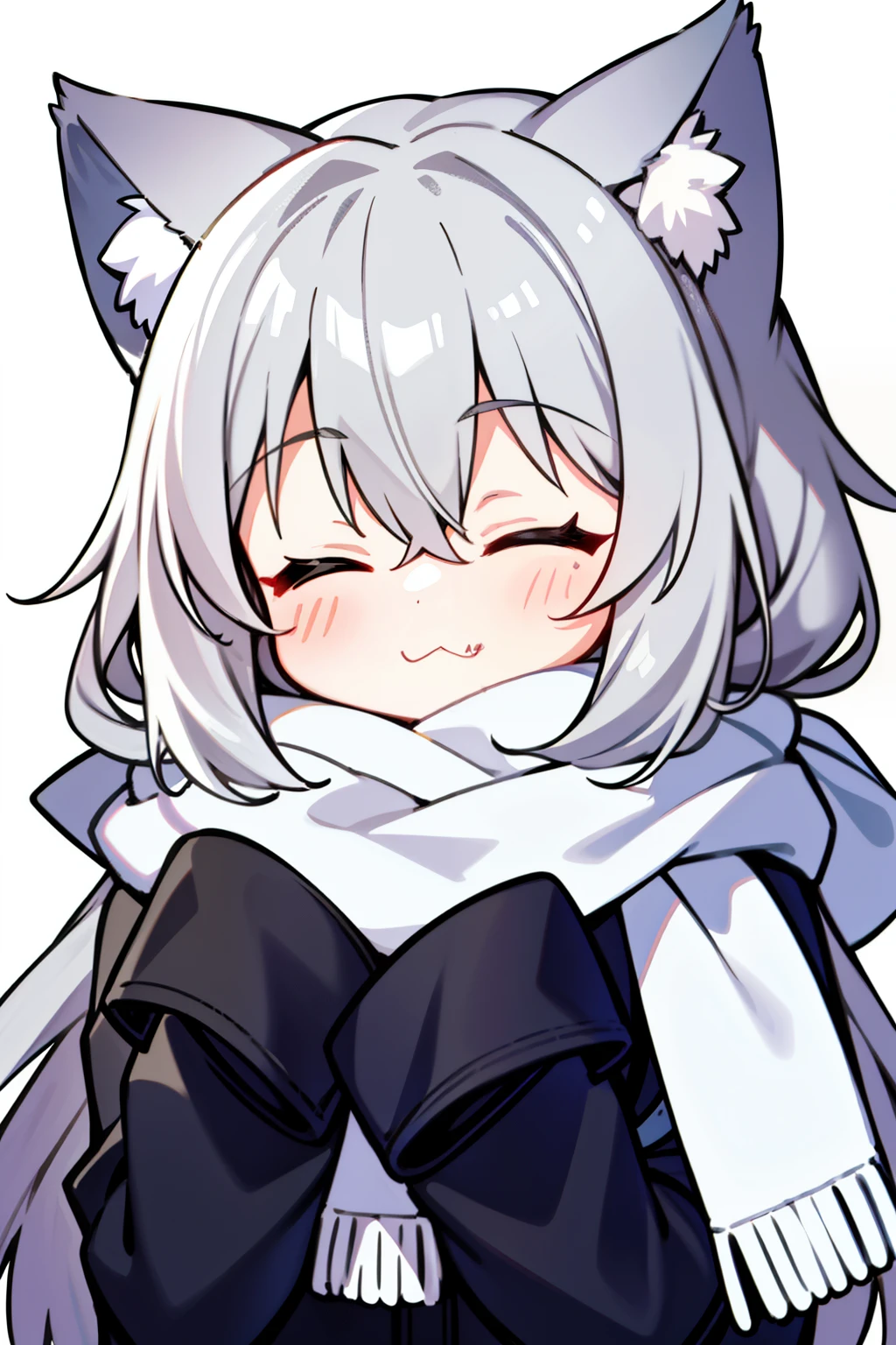 Masterpiece, Excellent, 1girl, gray hair, medium long hair, cat ears, closed eyes, looking at the audience, :3, cute, scarf, jacket, white background, fang, high quality, UHD