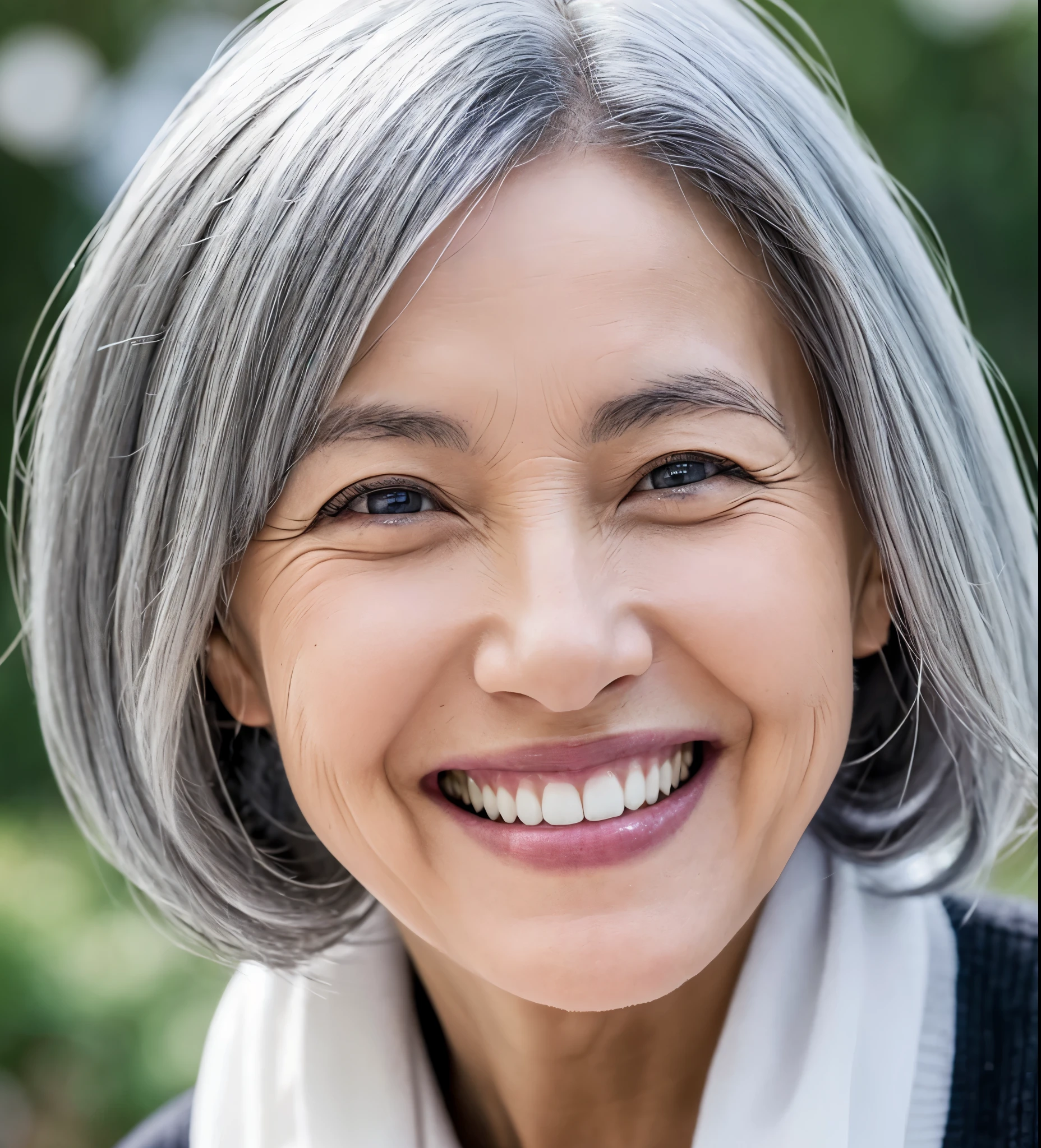 gray hair, black eyes, elder,woman,beautiful woman,Japanese,toothy smile