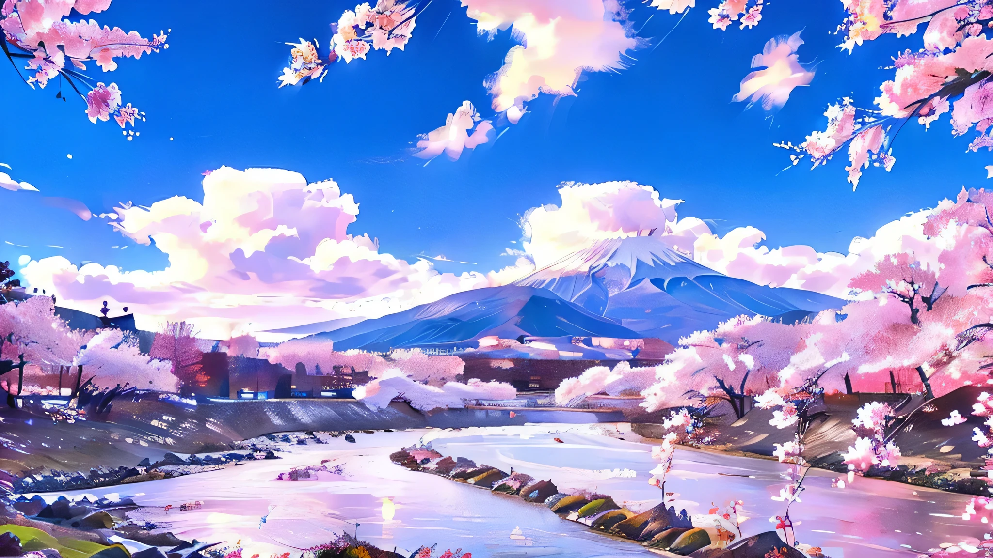 cherry blossoms、river、Fuji Mountain、nature、beautiful