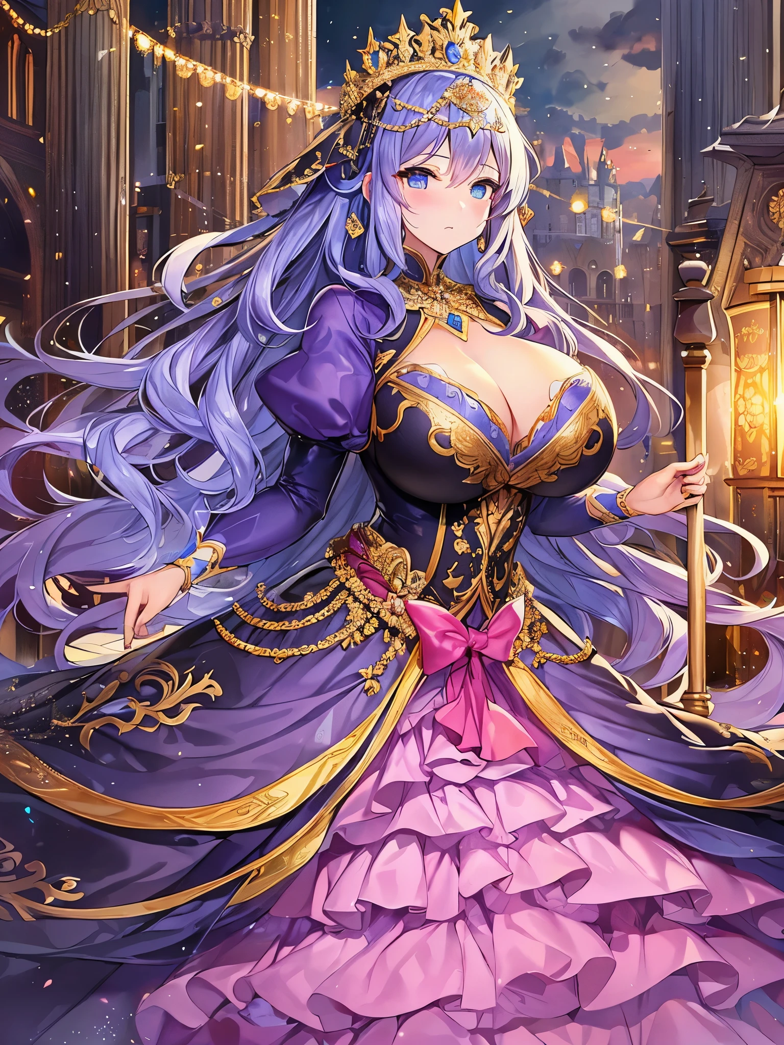 moe manga artstyle,cinematic lighting,((game cg)),Masterpiece,Best Quality,Super Detail,Very Delicate and Beautiful,Solo,full body,full body portrait,((1 princess)),detailed face and eyes,jewel-like eyes,(((very very gigantic tits,cleavage,curvy))),Skindentation,((fantasy castle,outdoor)),((crinoline,long train)),super detailed gorgeous princess ballgown with voluminous full length hoop skirt and long train,gorgeous princess rococo ballgown with big bows,gorgeous princess rococo ballgown decorated with big bows,gorgeous princess rococo ballgown with beautiful embroidery and jeweled,((large amount of straight hair,extremely voluminous Very Long Hair,Very Long Straight Hair)),extremely gorgeousfull hair ornament,bling-bling extremely gorgeousfull jeweled tiara,luxurious jewelry,full body