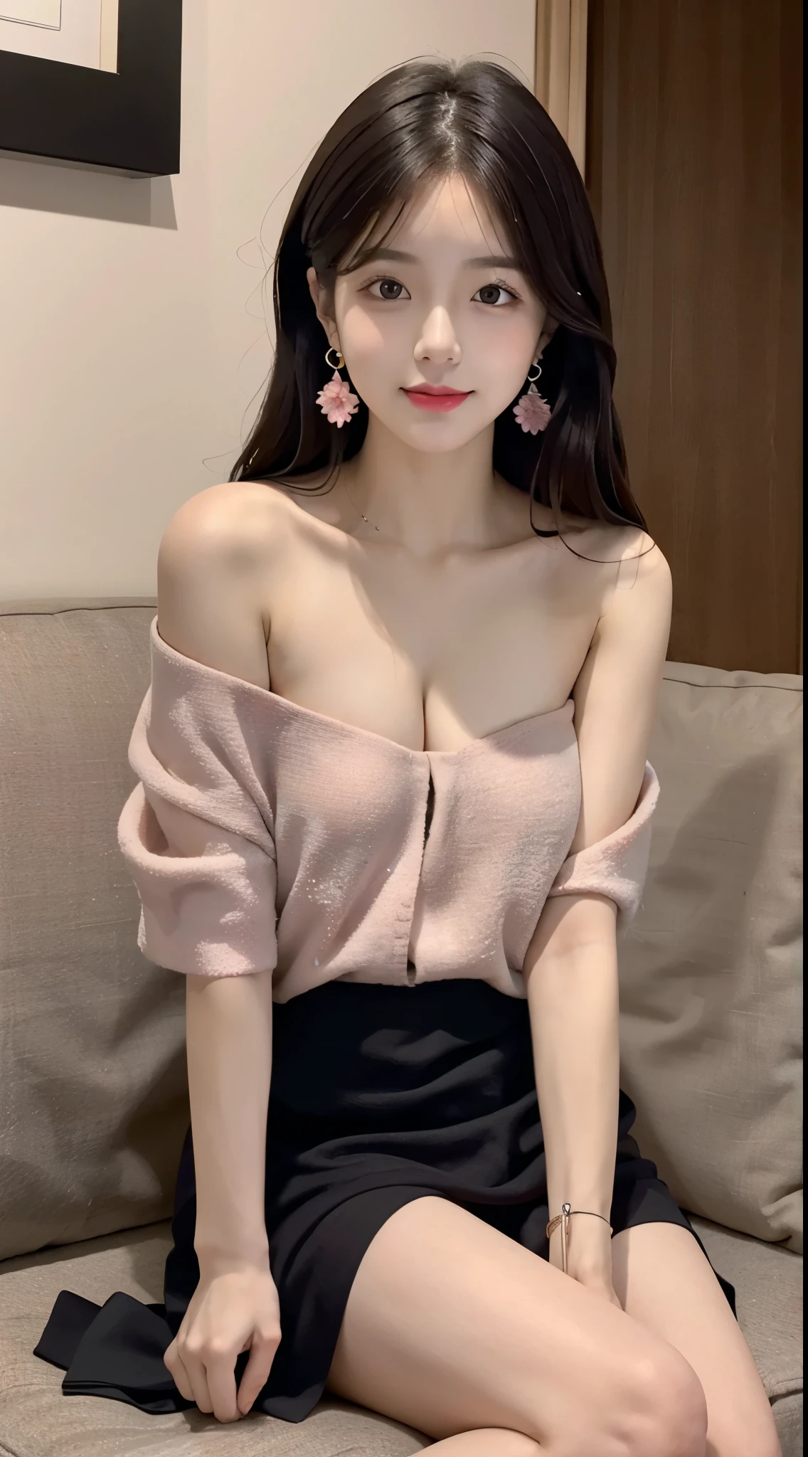 ((table top, highest quality, High resolution, , perfect pixel, 4k, ))), 1 girl, single, alone, Beautiful woman、(An angle where you can see the whole body)、 ((middle wave hair, bangs, brown hair)), ((brown eyes, beautiful eyelashes, realistic eyes)), ((detailed face, blush:1.2)), ((smooth texture:0.75, realistic texture:0.65, realistic:1.1, Anime CG style)), big breasts、soft chest、dynamic angle, perfect body, ((Female governess、、Beige off-shoulder sweater、Dark Blue Flared Skirt、Black garter stockings、earrings、necklace、upward glance、shy smile、library desk、Leaning forward a lot、crawl on all fours、、I can see a little bra、Massage your chest with one hand、flip up the skirt with one hand、))