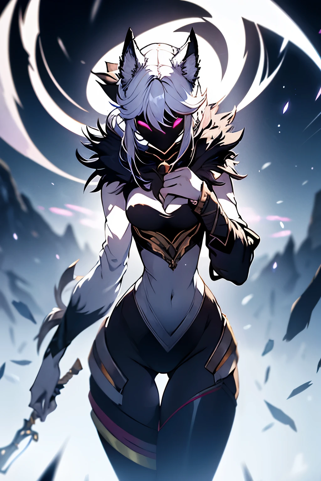 White hair, ethereal aura, serenity, wielded bow, light garments, spectral wolf, fierce nature, visual duality, soul hunters, smooth transition, agile posture, intense expression, light tones, dark tones, black facial mask.