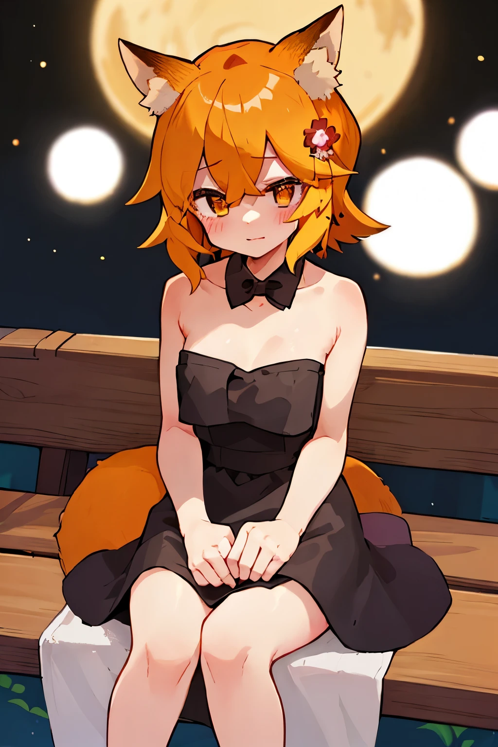 masterpiece, best quality, highly detailed, sen, animal ears, fox ears, fox girl, fox tail, hair flower, hair ornament, orange eyes, orange hair, short hair, tail, blush, looking at viewer, , girl, small breasts, detailed hands, keqing (opulent splendor) (genshin impact), official alternate costume, dress, night, strapless dress, looking at viewer, cleavage, black dress, strapless, bare shoulders, bangs, bow, detached collar, ribbon, double bun, two-tone dress, hair ornament, black bow, hair ribbon, blue dress, bowtie, sitting on bench