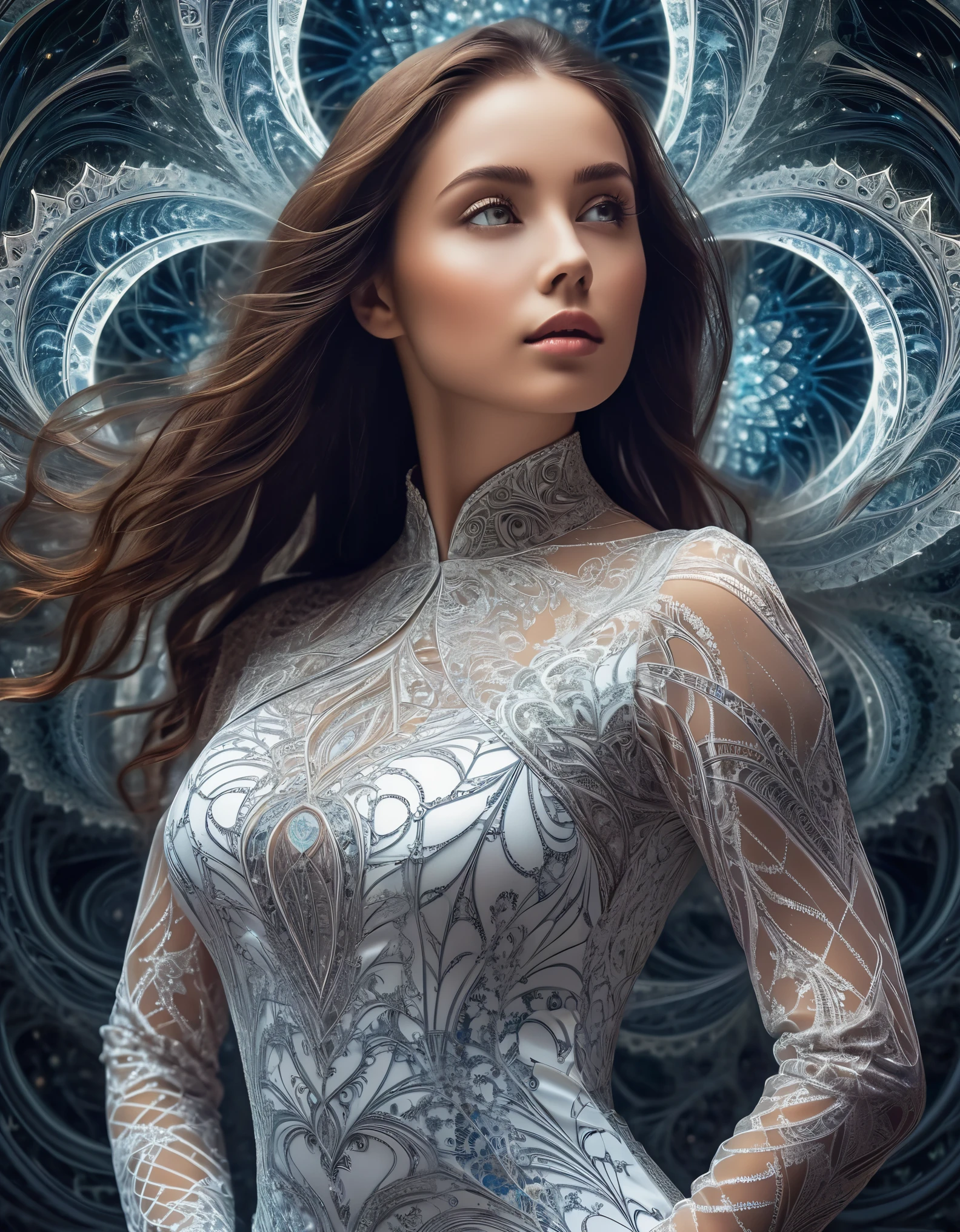 An alluring figure in a form-fitting dress, her eyes filled with desire as she stares into the distance, surrounded by intricate fractal patterns.