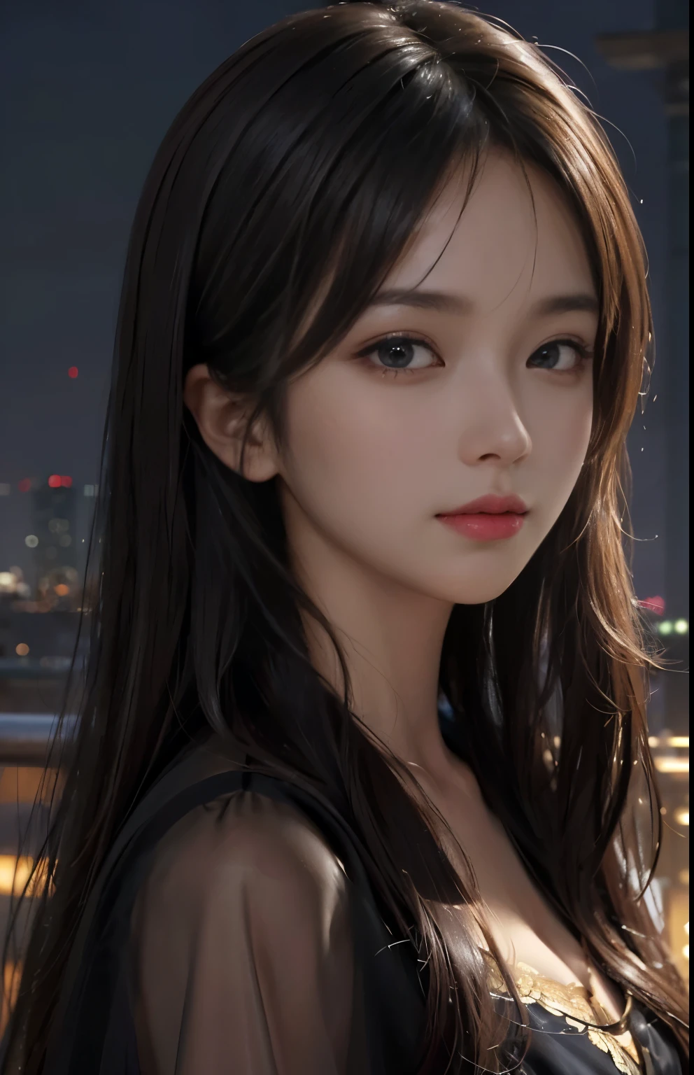 (Hyper-realistic) , (illustratio), (Increase the resolution), (8K), (extremely detaile), (Most Best Illustration), (Beautiful and delicate eyes), (best qualtiy), (ultra - detailed), (masterpiece), ( the wallpaper), (Detailed face), solo, looking at viewert, exquisite detailing, Detailed face, in the darkness nigth, deep shading, low tune,pureerosfaceace_V1, ssmile,long  straight hair，Black shawl, 46 points oblique bangs，plump breasts