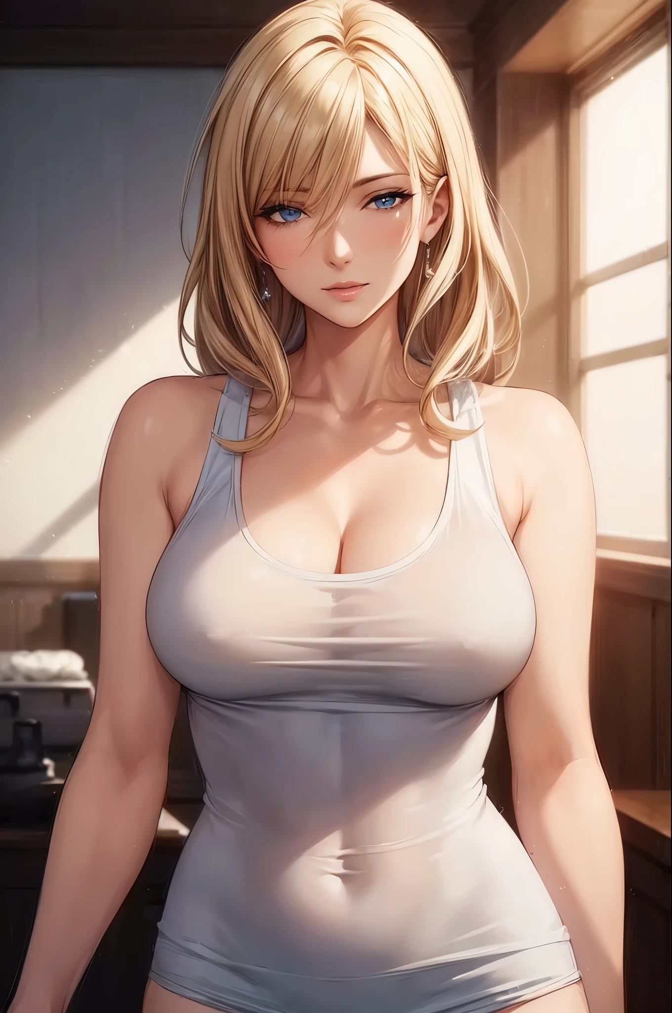 (best quality, highres, photorealistic), portrait, elegant mature woman, blue eyes, long hair, swept-side bang, blonde hair, transparent see through tank top, big breast, ultra detailed cg 8k, beautiful cg, soft light