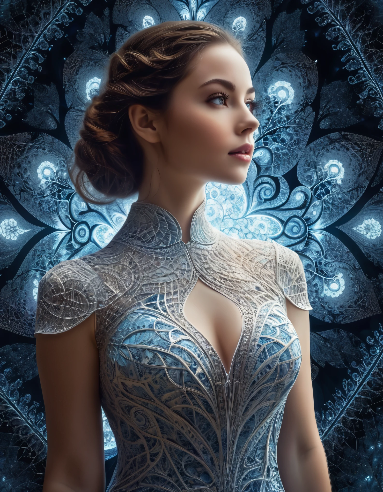 An alluring figure in a form-fitting dress, her eyes filled with desire as she stares into the distance, surrounded by intricate fractal patterns.