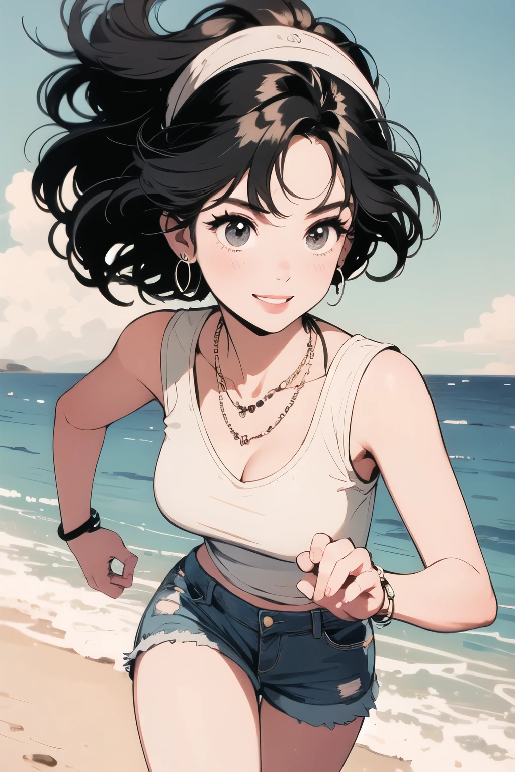 The woman running with a happy smile is wearing a white sleeveless T-shirt and denim shorts., She wears a necklace, ring-shaped earrings and bracelet, and a hair band on her head., There are people around the woman enjoying happy play, People enjoying seagulls and surfing in the sea, I see a yacht, There is a restaurant on the beach selling cocktails.