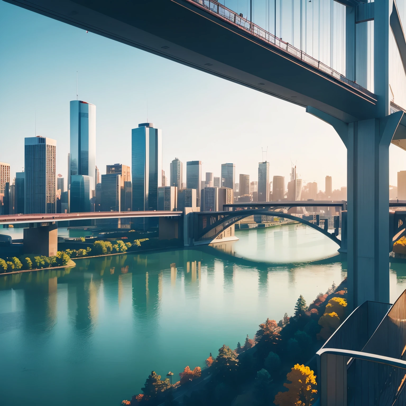 computer Science, modern city view , bridge , lake