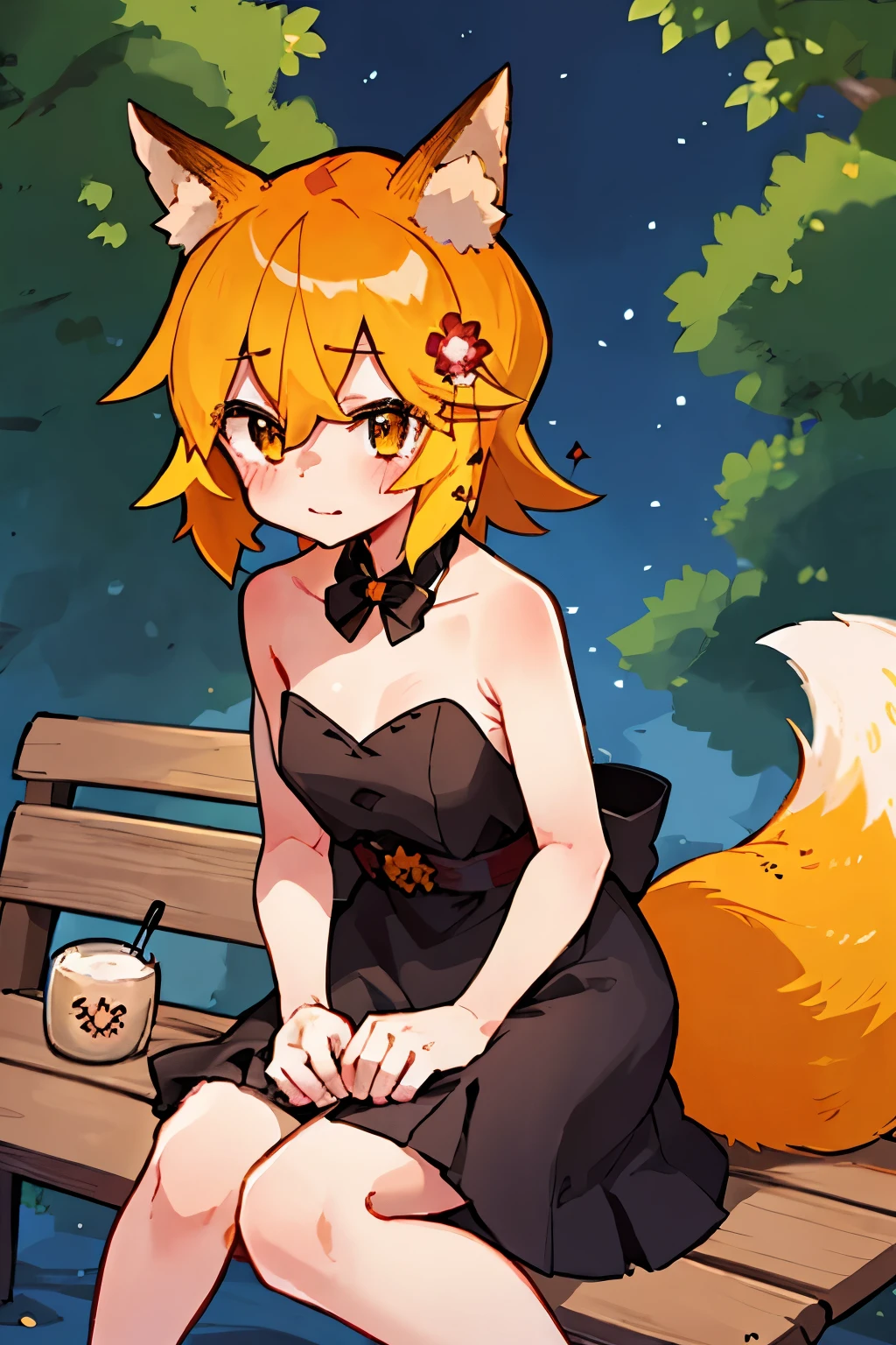 masterpiece, best quality, highly detailed, sen, animal ears, fox ears, fox girl, fox tail, hair flower, hair ornament, orange eyes, orange hair, short hair, tail, blush, looking at viewer, , girl, small breasts, detailed hands, keqing (opulent splendor) (genshin impact), official alternate costume, dress, night, strapless dress, looking at viewer, cleavage, black dress, strapless, bare shoulders, bangs, bow, detached collar, ribbon, double bun, two-tone dress, hair ornament, black bow, hair ribbon, blue dress, bowtie, sitting on bench